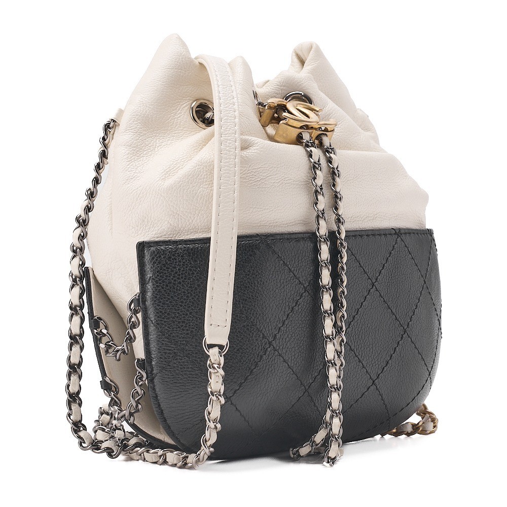 Lambskin x Caviar Skin Drawstring Bag with Chain Shoulder Strap — view 3