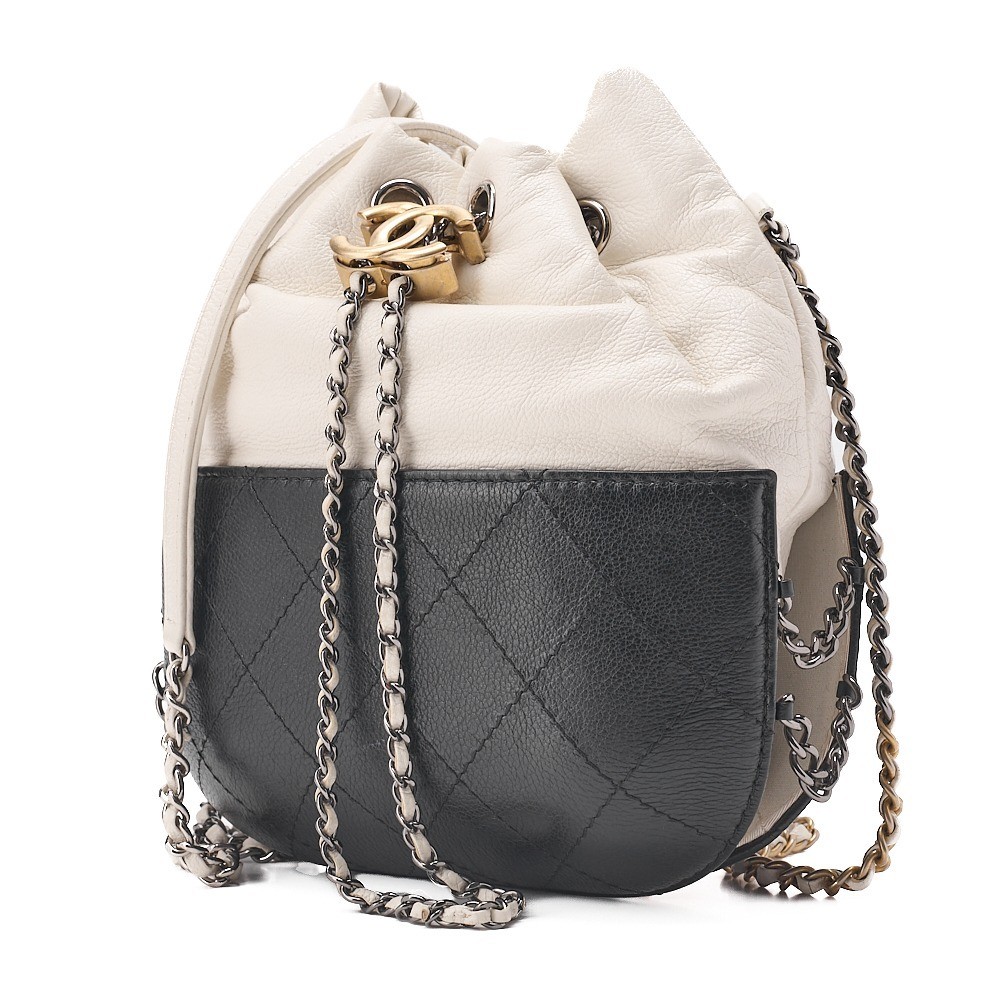 Lambskin x Caviar Skin Drawstring Bag with Chain Shoulder Strap — view 4