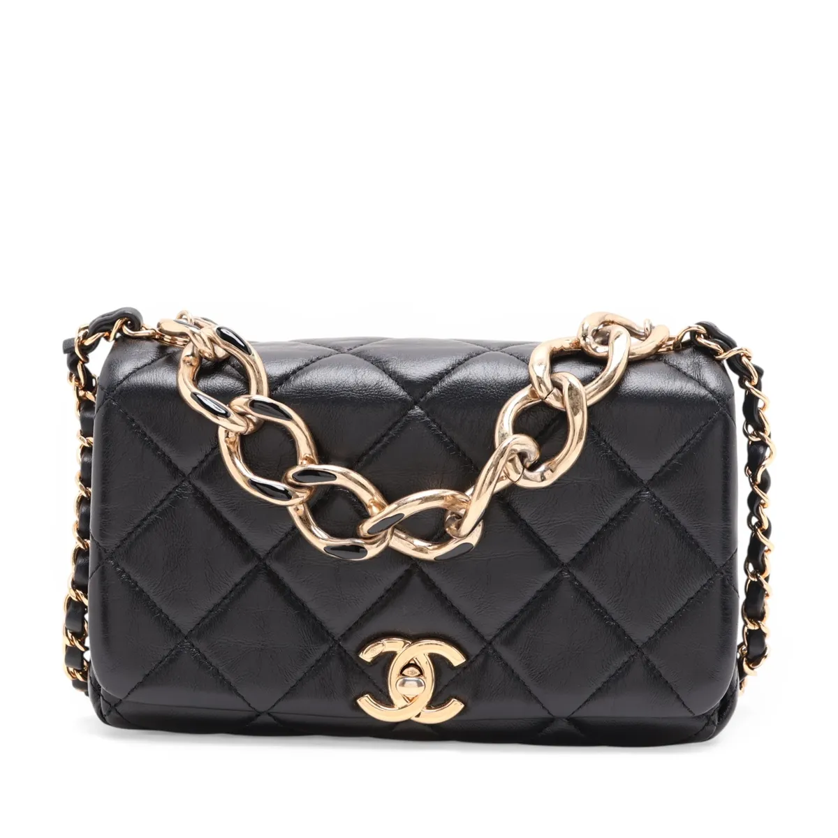Matelassé Lambskin 2-Way Handbag, Black with Gold Hardware, K296N4A6, Random Plate