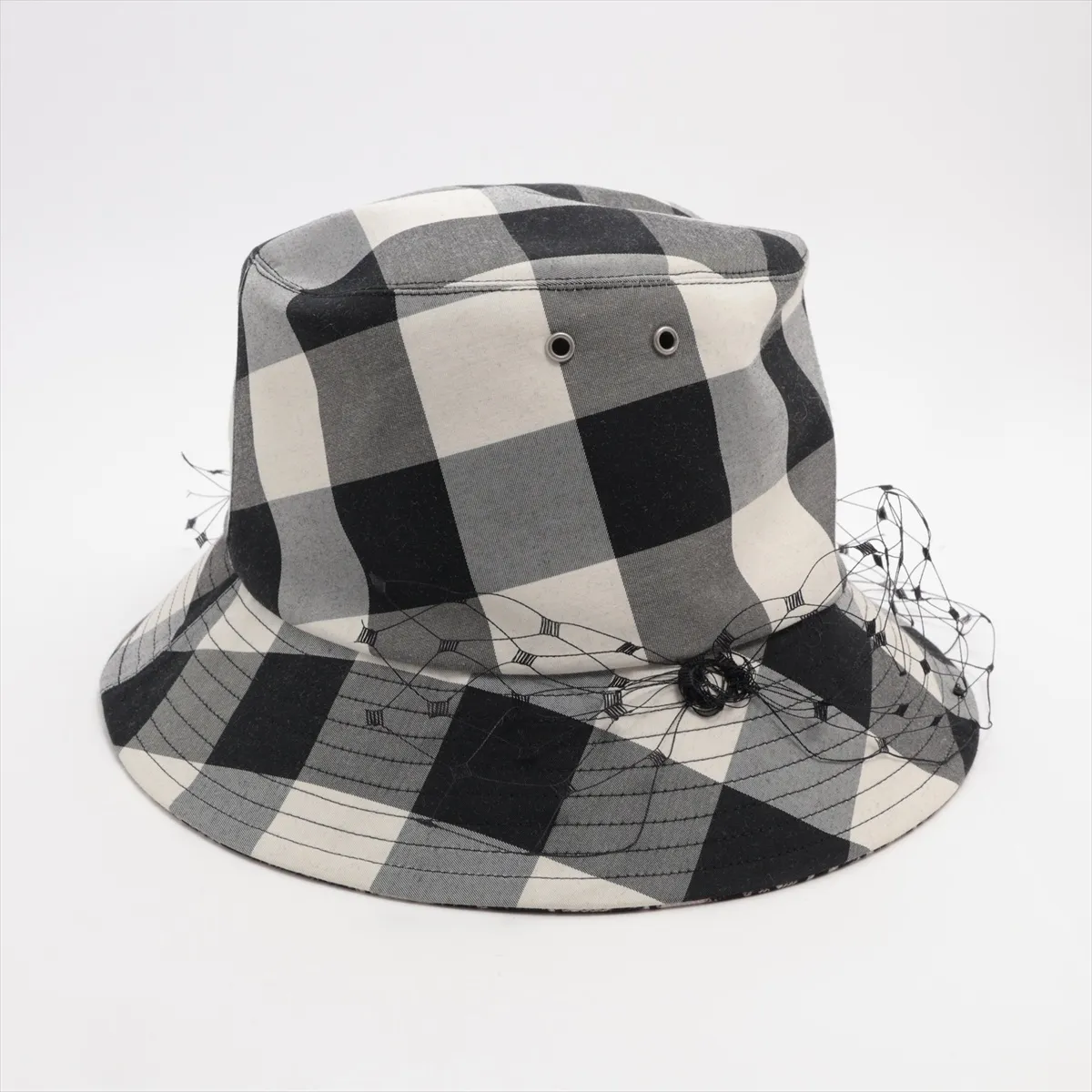 95TDD923G142 Check Hat, Size 58, Polyester x Cotton, White x Black. Shows wear, — view 2