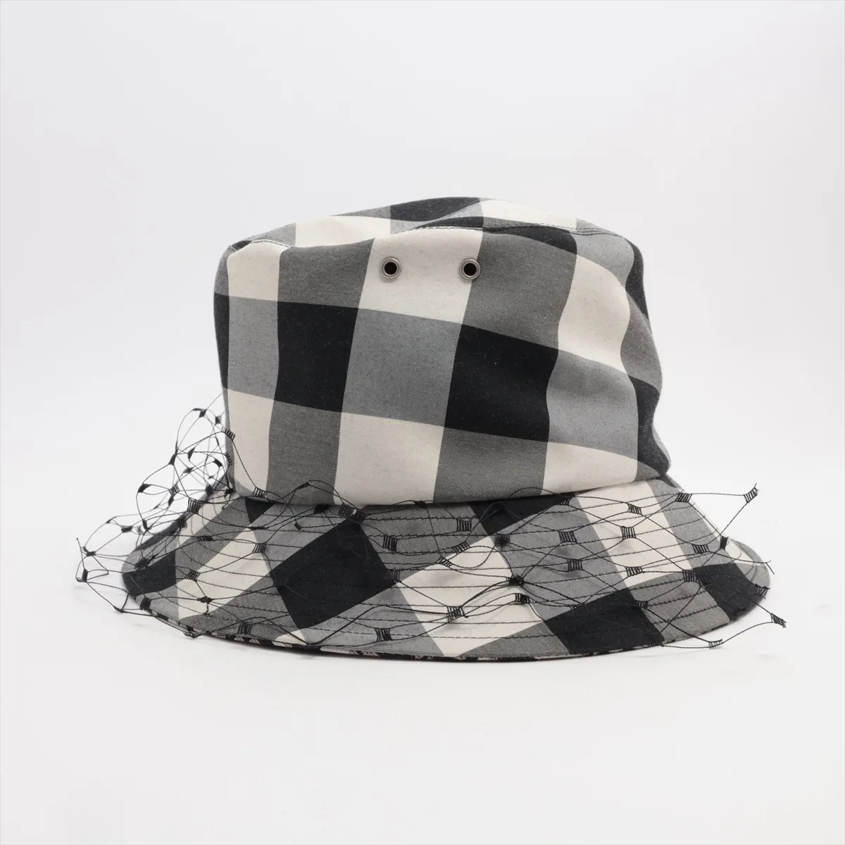 95TDD923G142 Check Hat, Size 58, Polyester x Cotton, White x Black. Shows wear, — view 3