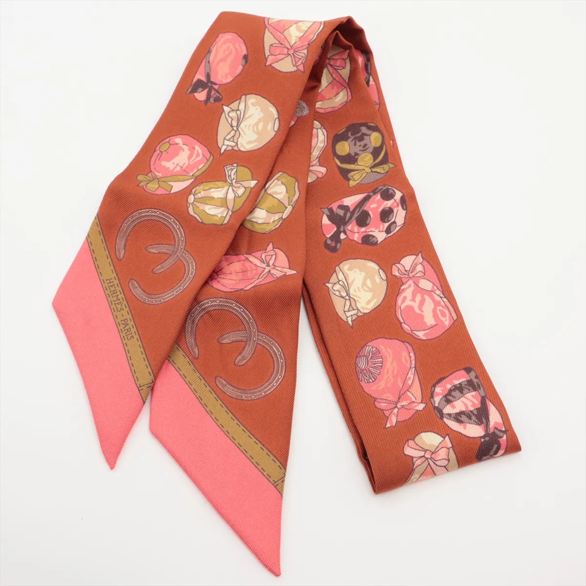 Twilly JOCKEY scarf, silk, brown. Shows wear,