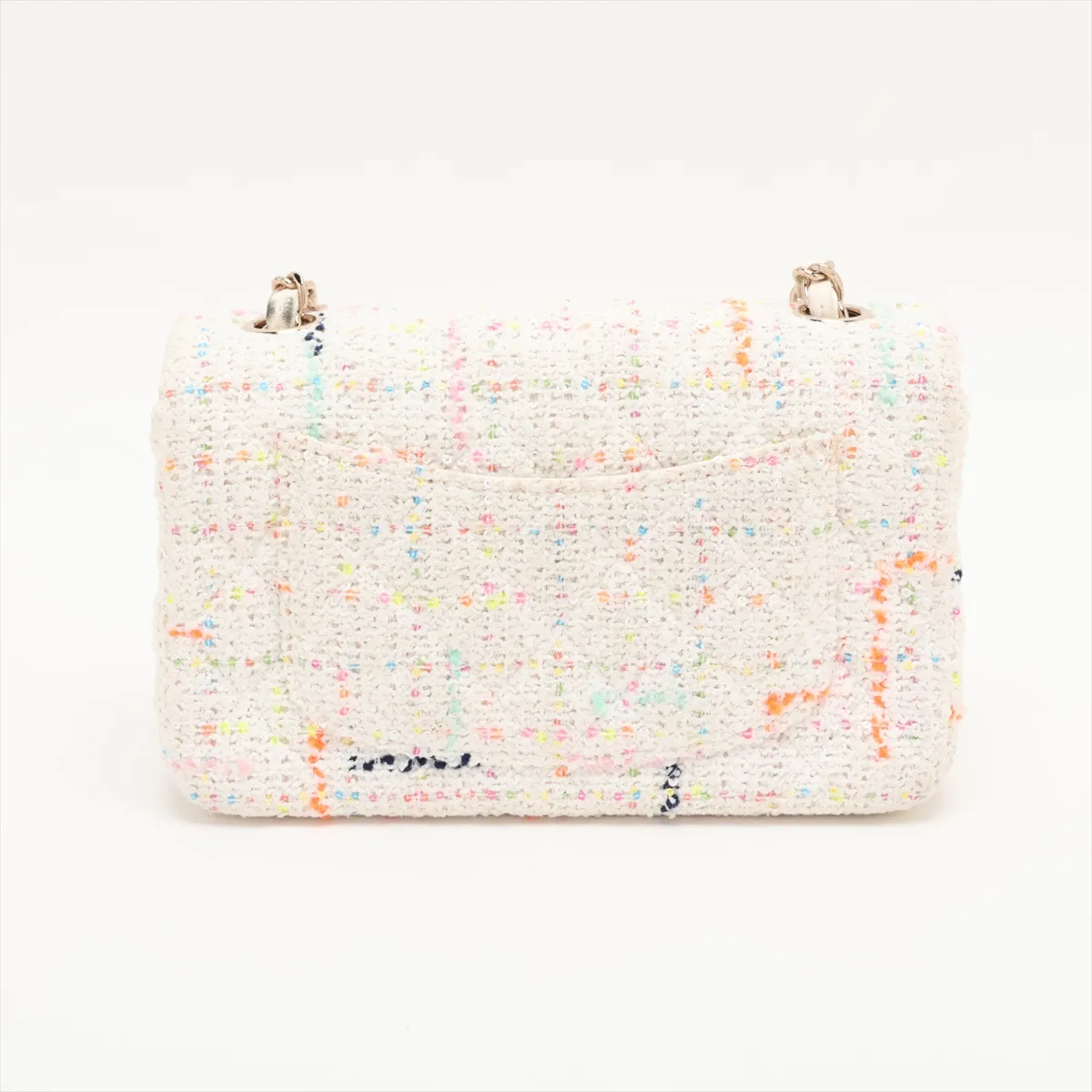 Mini Matelassé 20 Tweed Single Flap Single Chain Bag, White with Gold Hardware, K1XE5605, Random Plate, A69900 — view 2