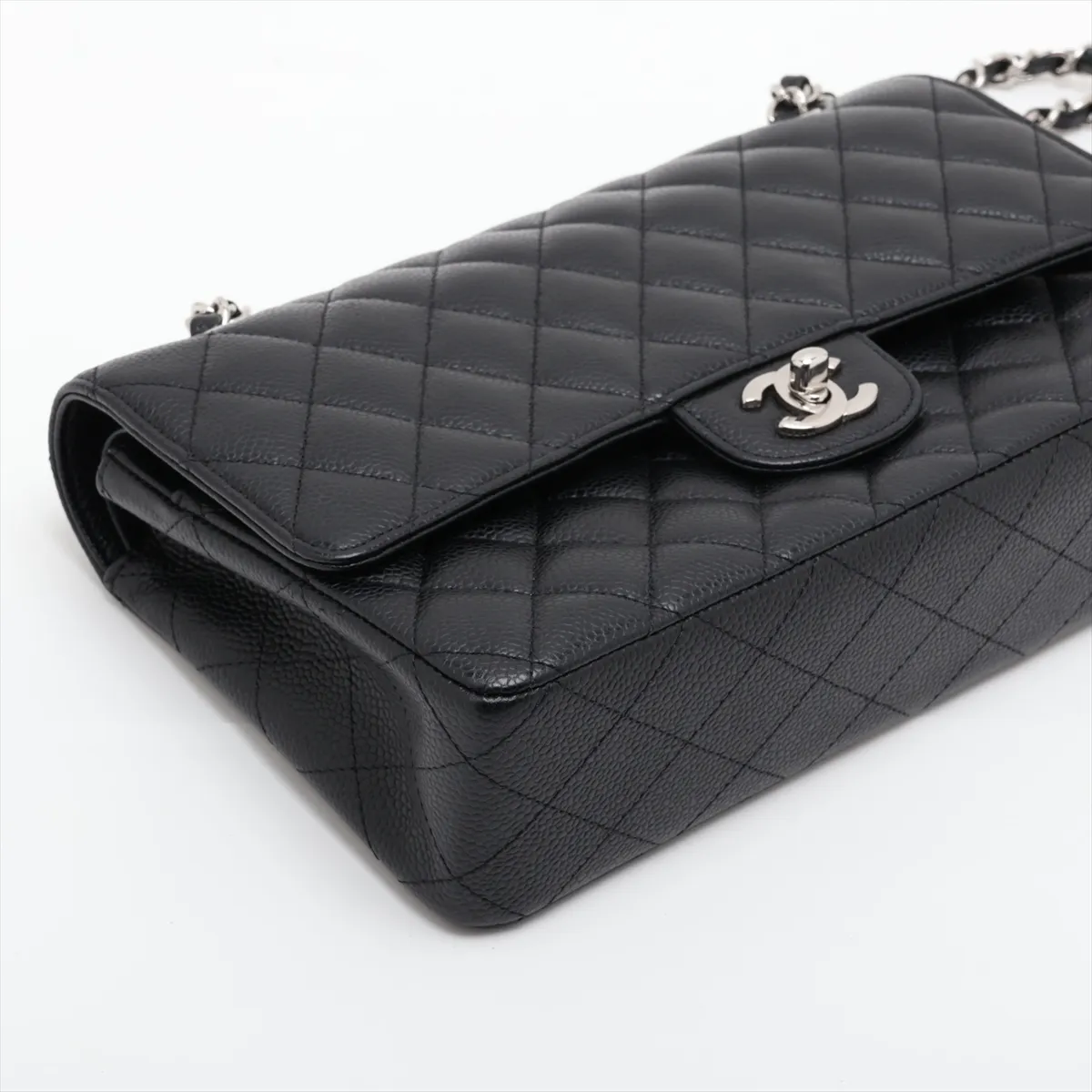 [Individually packaged] Chanel Matelassé 25 Caviar Skin Double Flap Double Chain Bag, Black with Silver Hardware, 14681436, Serial Number 14, A01112 — view 4