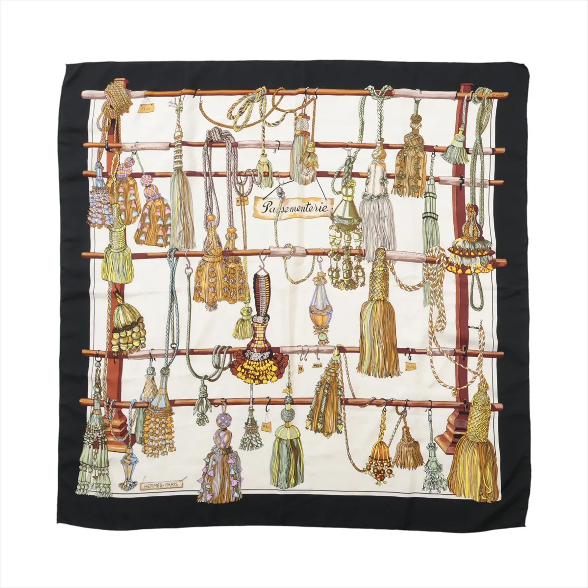 Carre 90 Passementerie scarf with cord trim, silk, black. Shows wear,