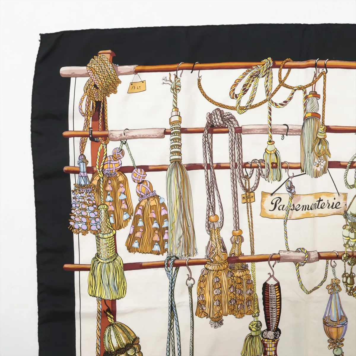 Carre 90 Passementerie scarf with cord trim, silk, black. Shows wear, — view 2