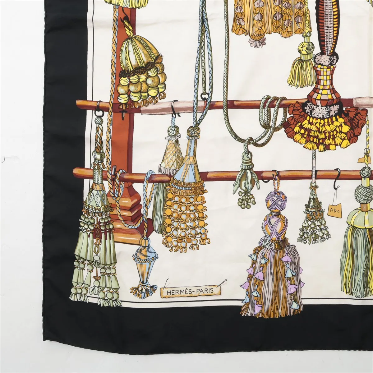 Carre 90 Passementerie scarf with cord trim, silk, black. Shows wear, — view 5