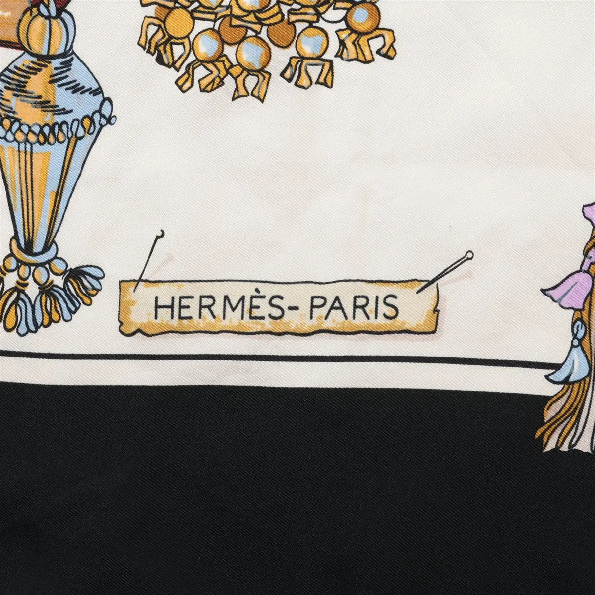 Carre 90 Passementerie scarf with cord trim, silk, black. Shows wear, — view 6