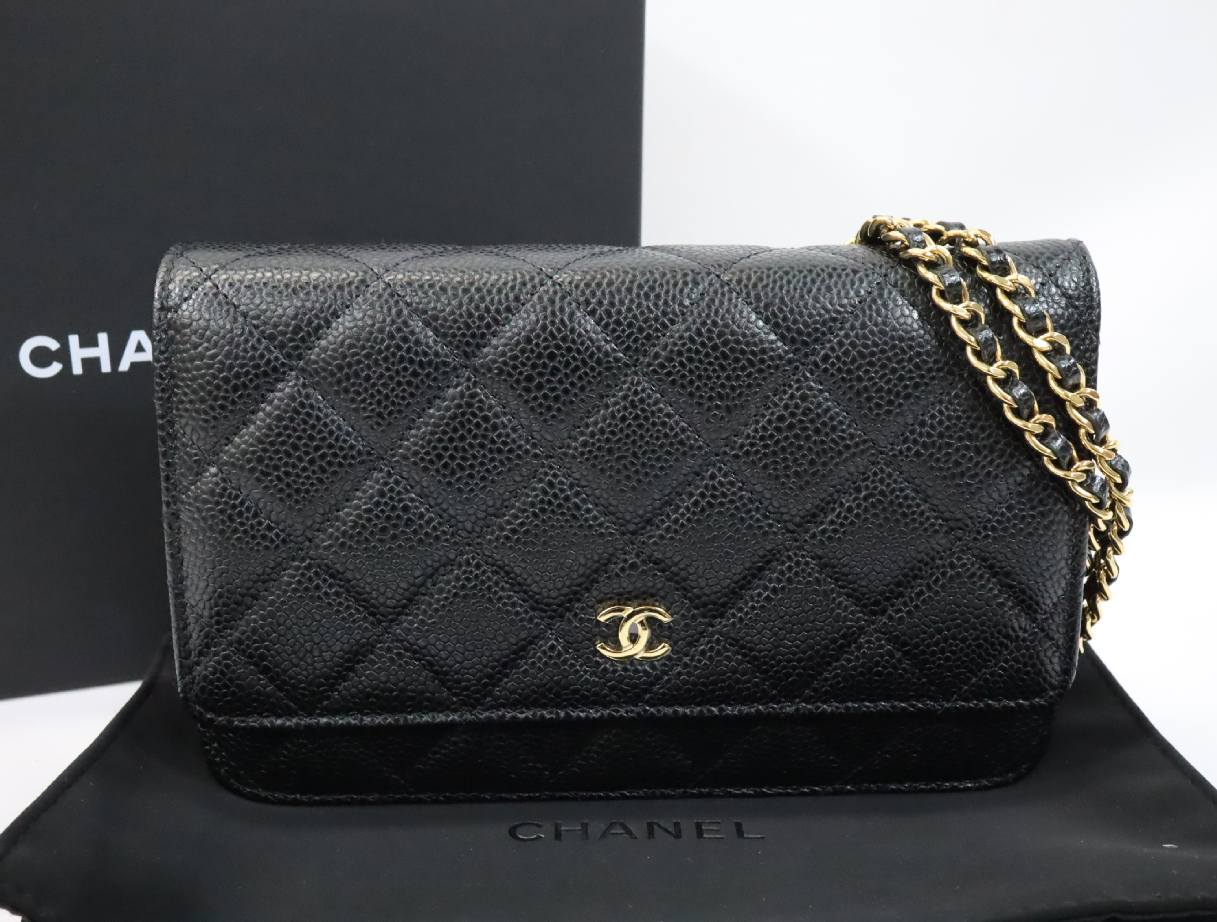 Matelassé Caviar Skin Chain Wallet, Black with Gold Hardware, EC602K80, Random Plate, AP0250 Shoulder Bag
