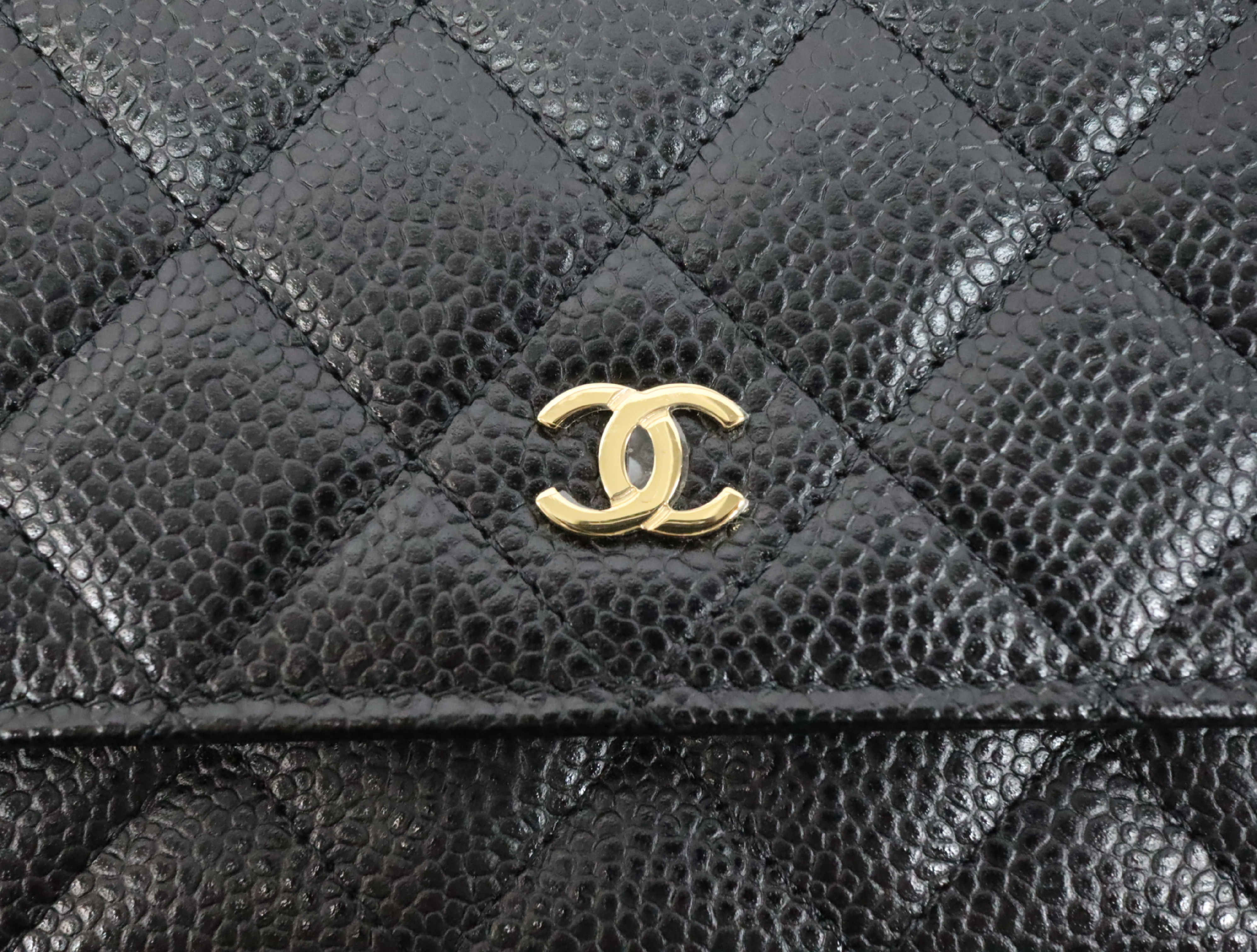 Matelassé Caviar Skin Chain Wallet, Black with Gold Hardware, EC602K80, Random Plate, AP0250 Shoulder Bag — view 11