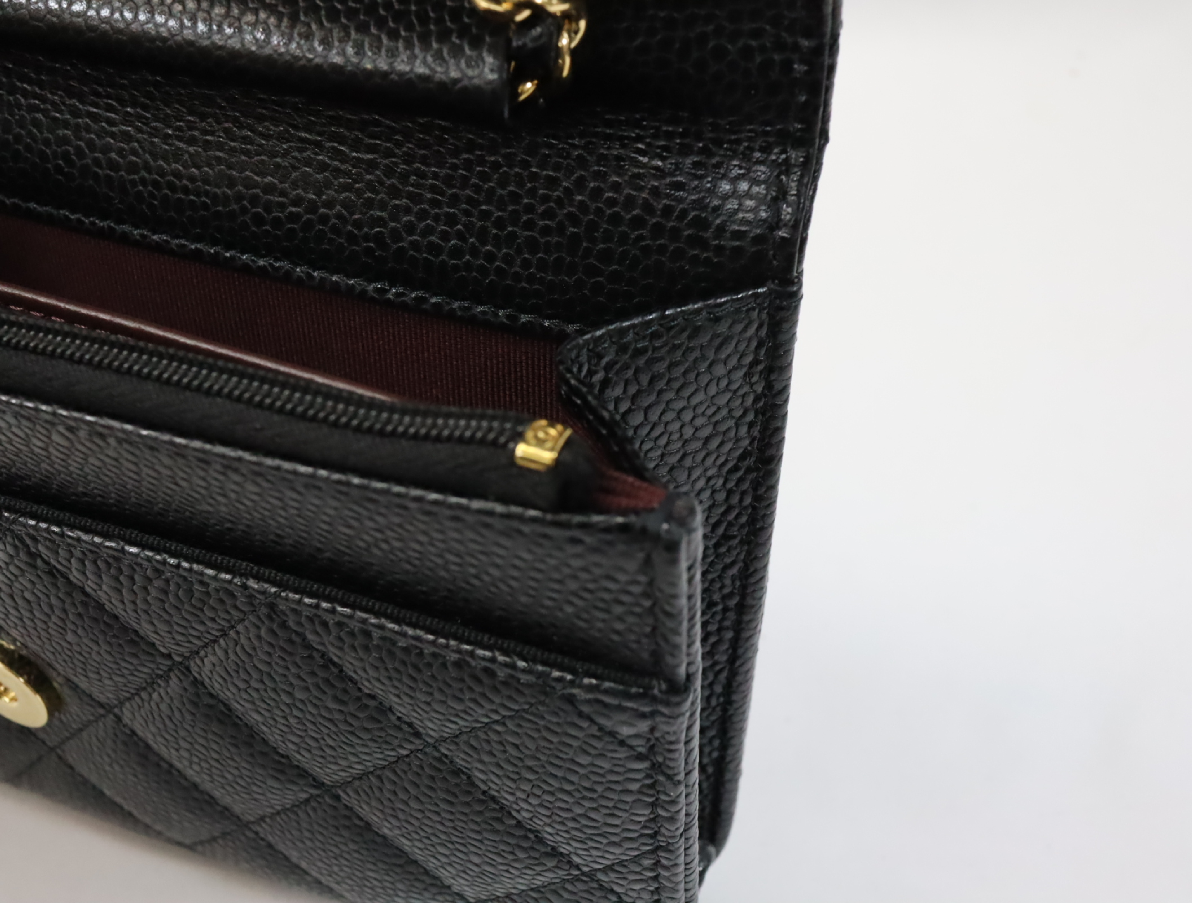 Matelassé Caviar Skin Chain Wallet, Black with Gold Hardware, EC602K80, Random Plate, AP0250 Shoulder Bag — view 12