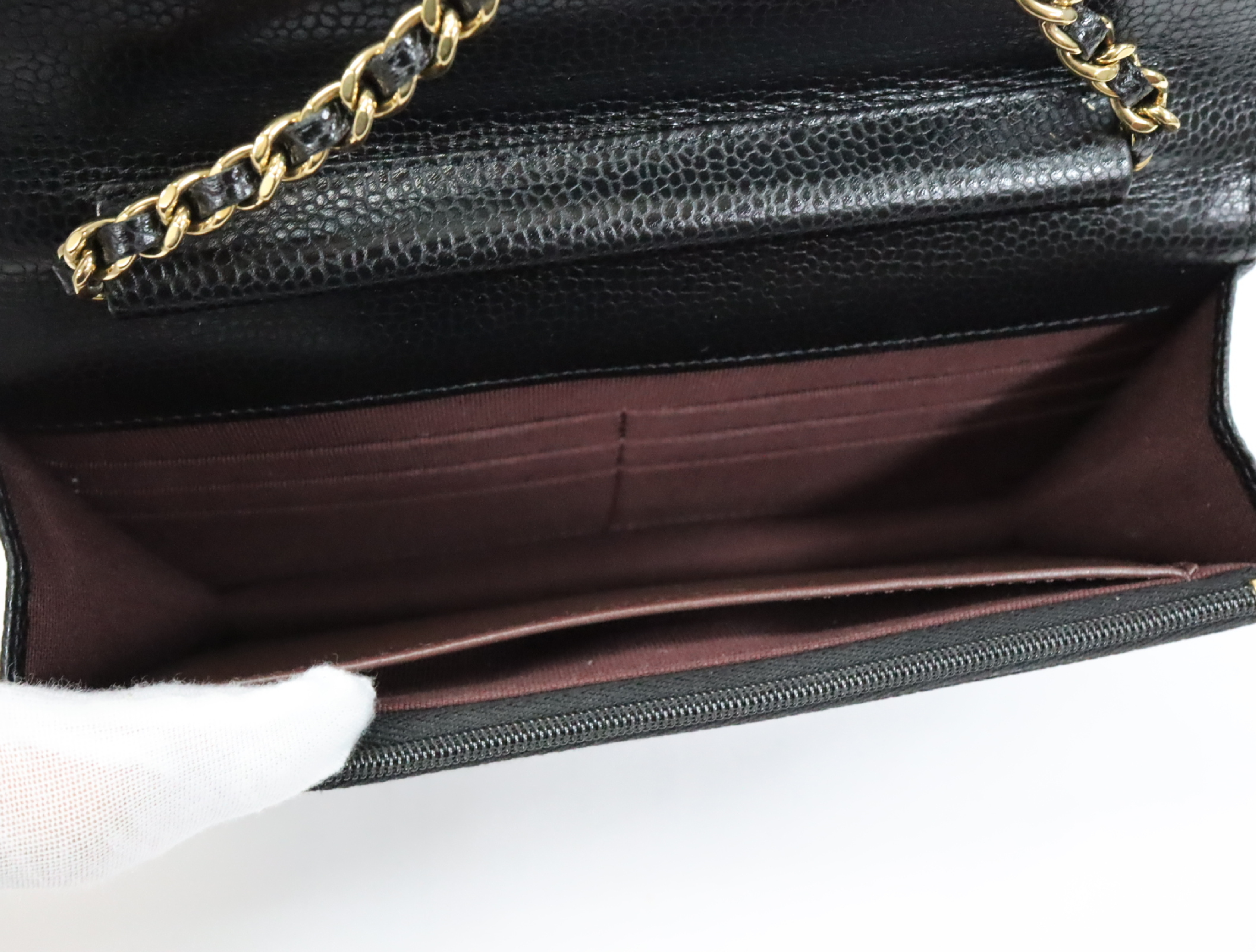 Matelassé Caviar Skin Chain Wallet, Black with Gold Hardware, EC602K80, Random Plate, AP0250 Shoulder Bag — view 14