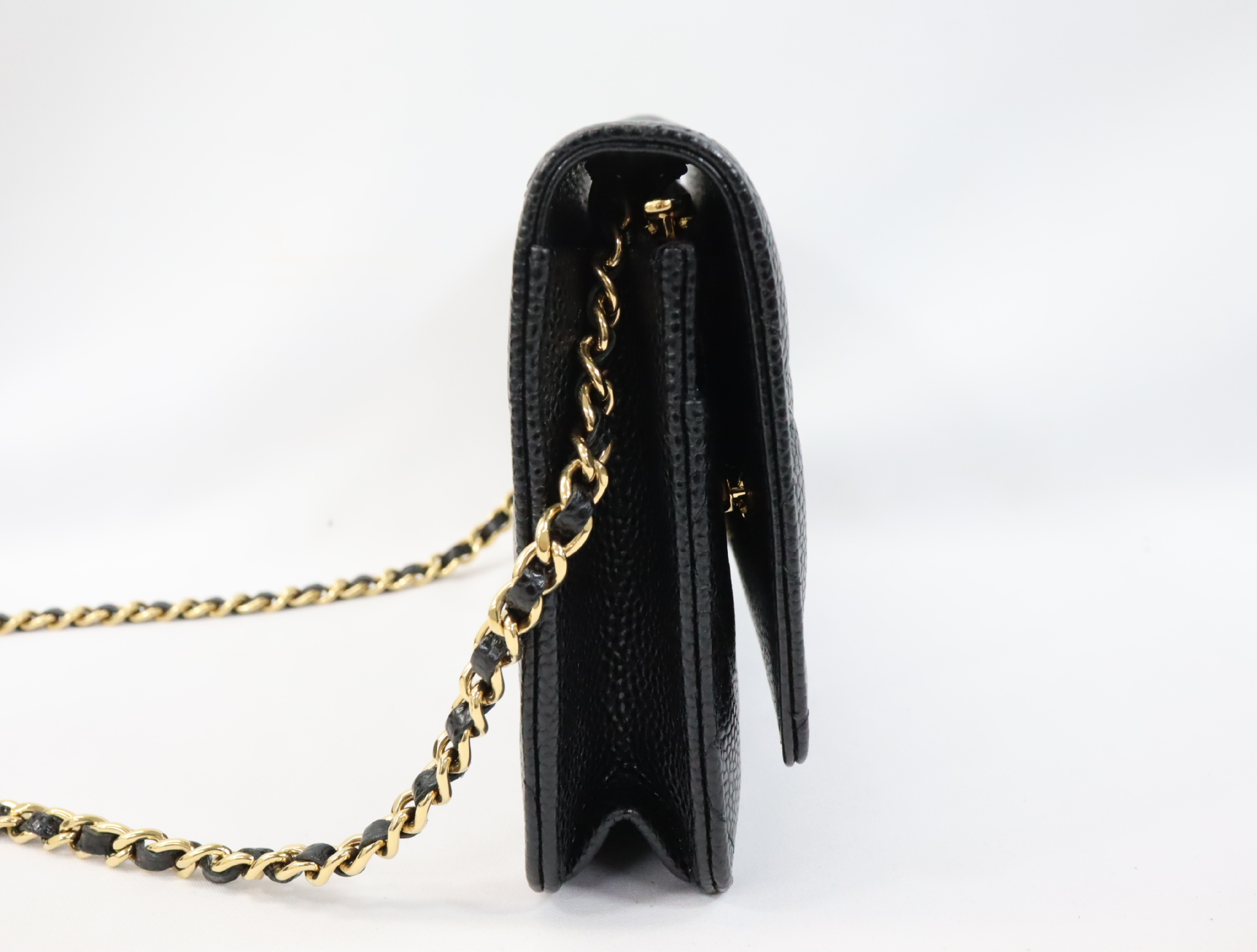 Matelassé Caviar Skin Chain Wallet, Black with Gold Hardware, EC602K80, Random Plate, AP0250 Shoulder Bag — view 3