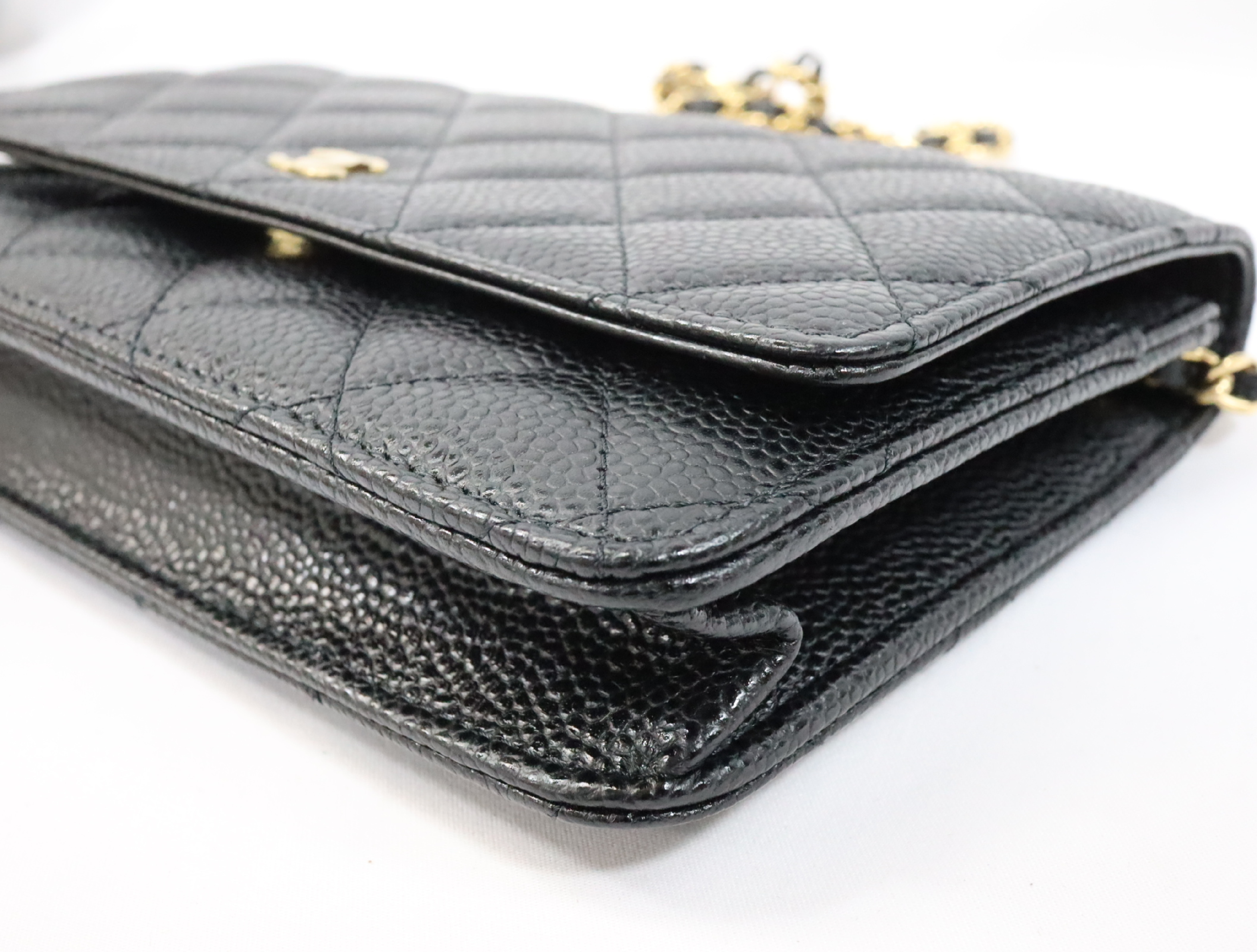 Matelassé Caviar Skin Chain Wallet, Black with Gold Hardware, EC602K80, Random Plate, AP0250 Shoulder Bag — view 6