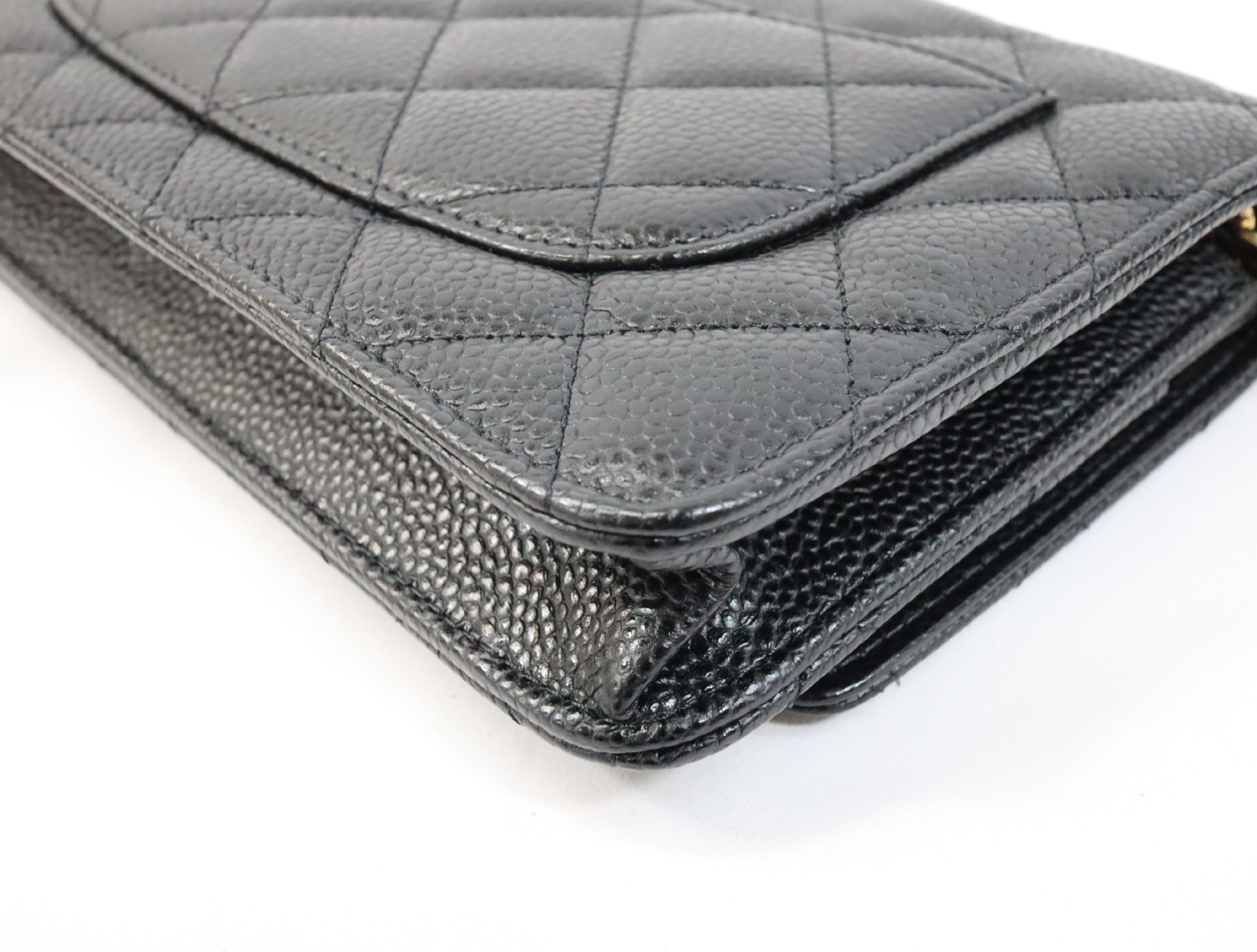 Matelassé Caviar Skin Chain Wallet, Black with Gold Hardware, EC602K80, Random Plate, AP0250 Shoulder Bag — view 8