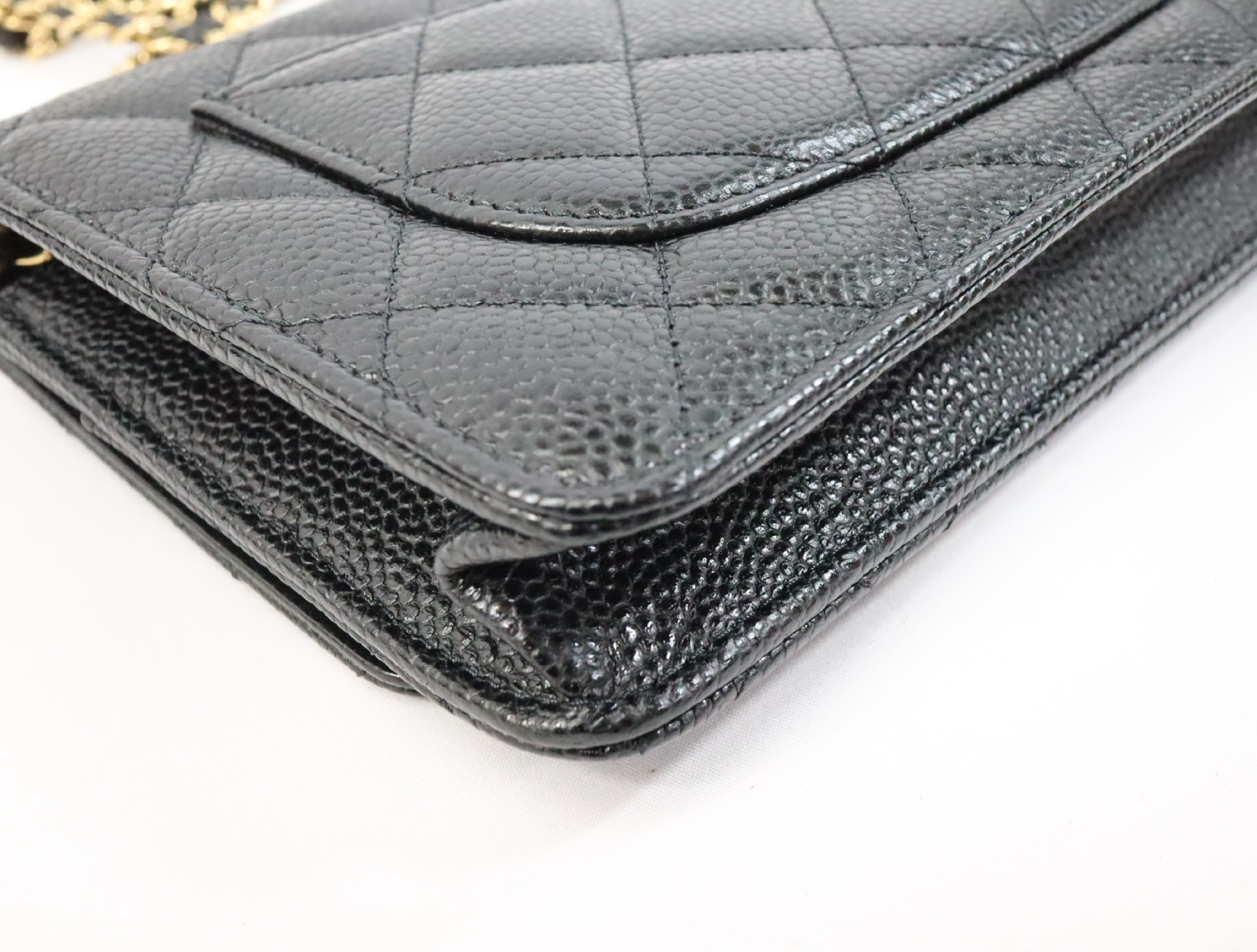 Matelassé Caviar Skin Chain Wallet, Black with Gold Hardware, EC602K80, Random Plate, AP0250 Shoulder Bag — view 9