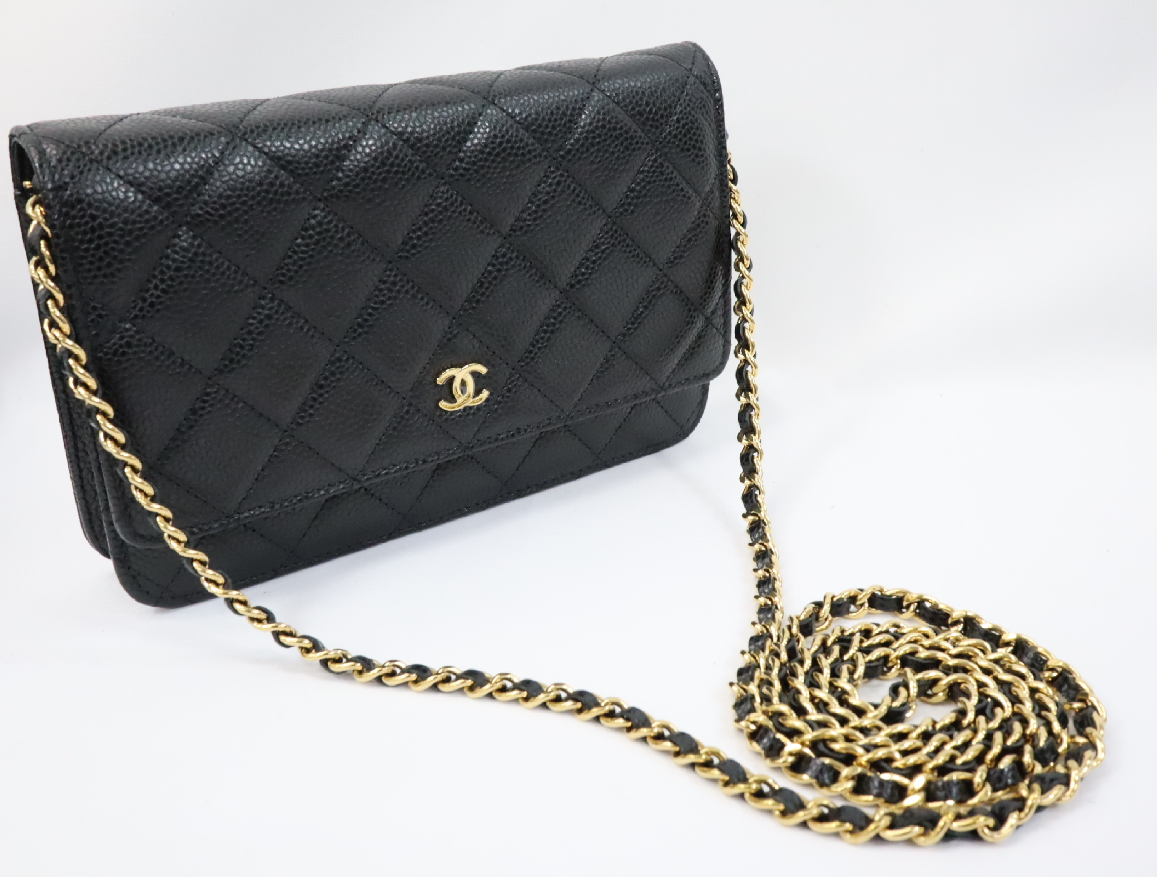 Matelassé Caviar Skin Chain Wallet, Black with Gold Hardware, EC602K80, Random Plate, AP0250 Shoulder Bag — view 10