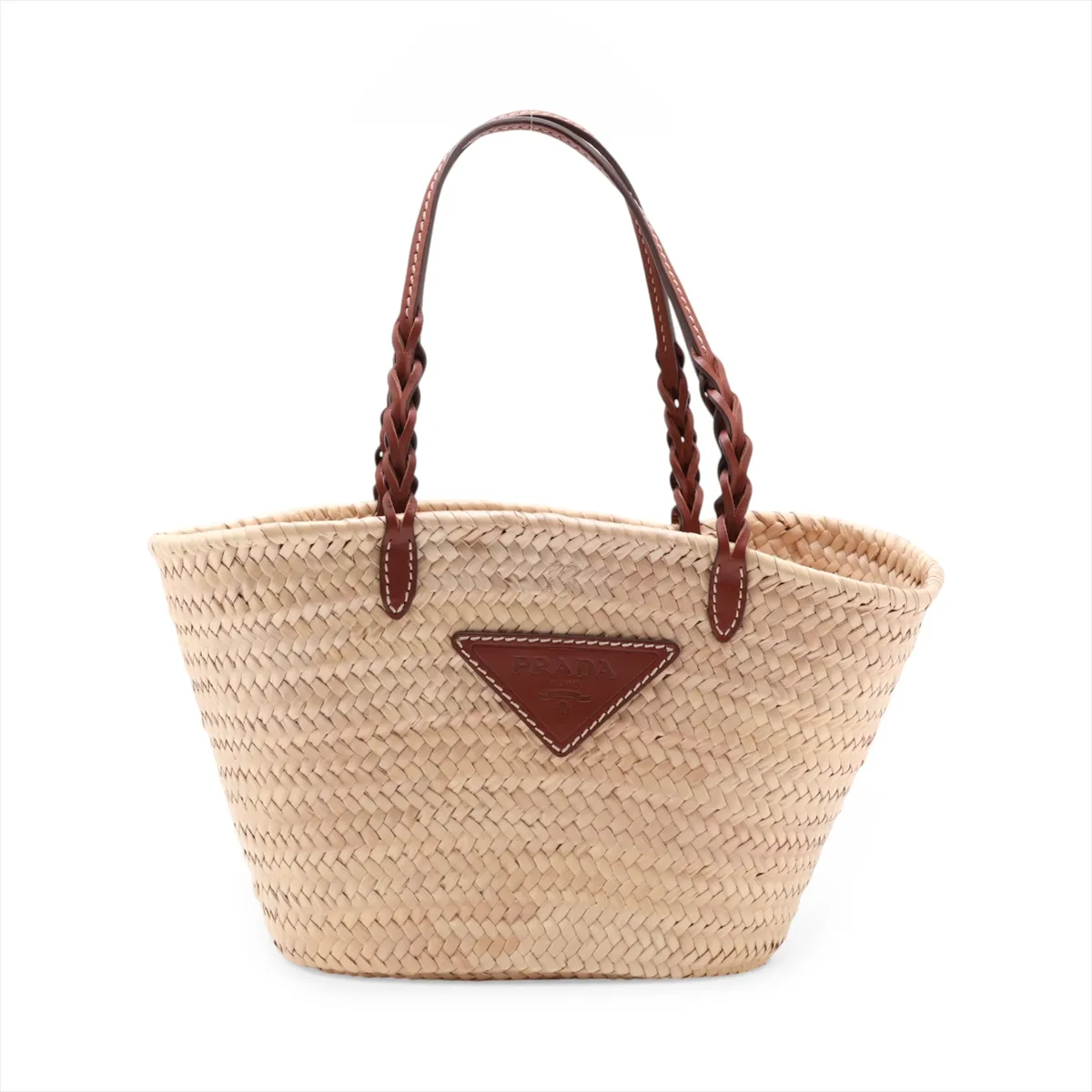 Raffia x Leather Basket Bag, Beige x Brown, 1BG314, Unsigned Guarantee Card