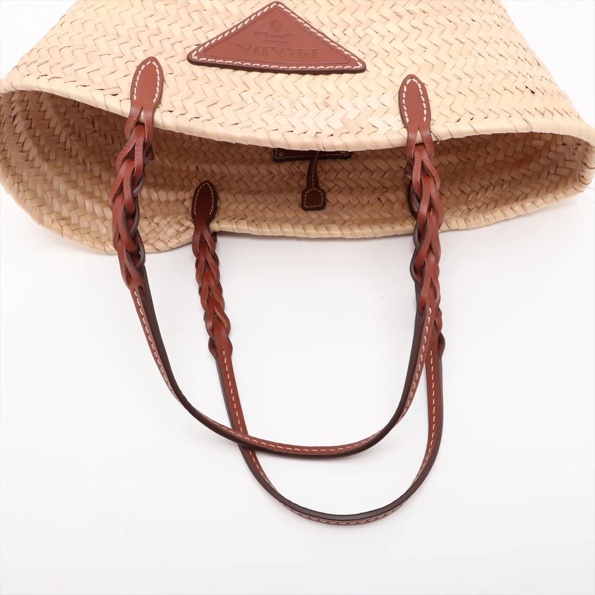 Raffia x Leather Basket Bag, Beige x Brown, 1BG314, Unsigned Guarantee Card — view 5