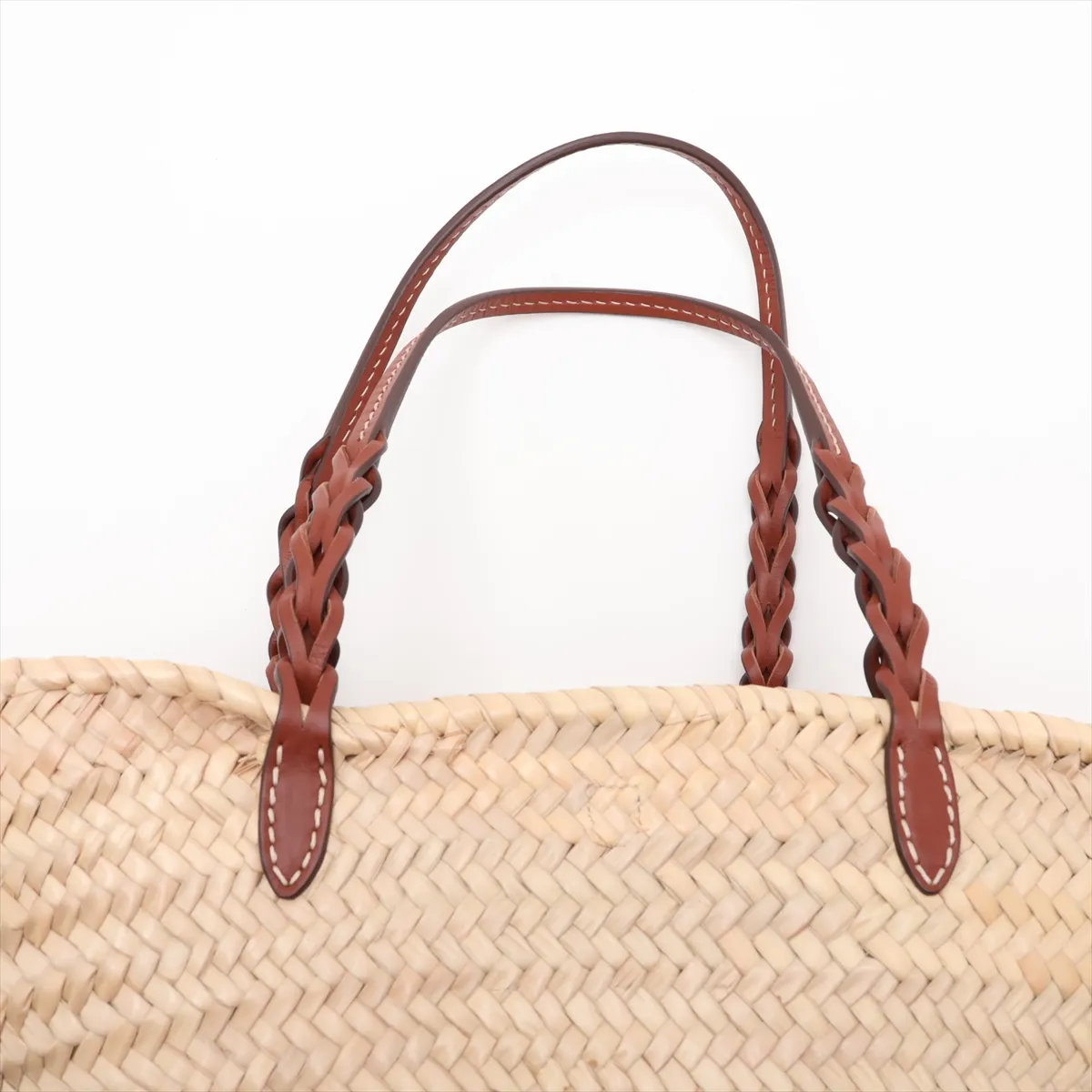 Raffia x Leather Basket Bag, Beige x Brown, 1BG314, Unsigned Guarantee Card — view 6