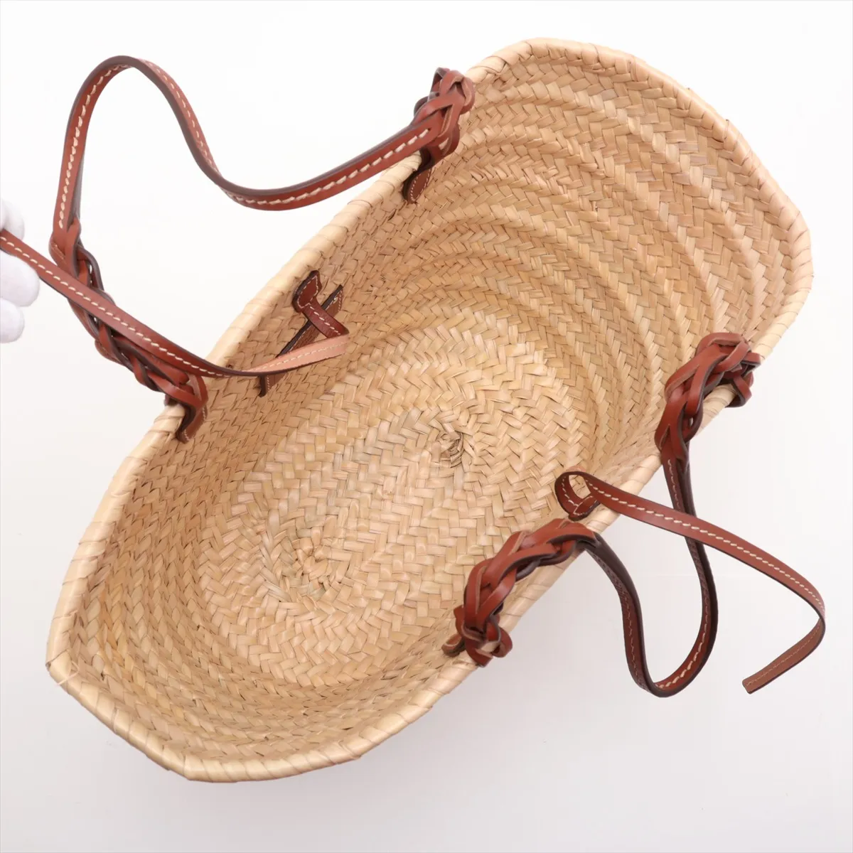 Raffia x Leather Basket Bag, Beige x Brown, 1BG314, Unsigned Guarantee Card — view 7