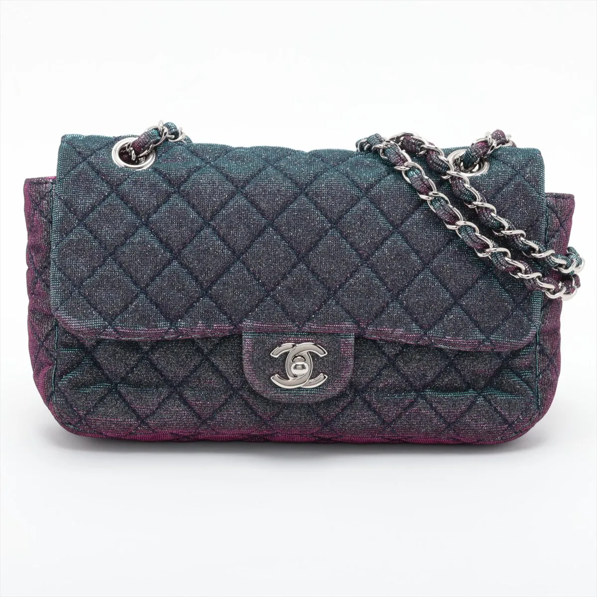 Matelassé Canvas Single Flap Double Chain Bag, Gradient Blue, Silver Hardware, 13992833, Serial Number 13