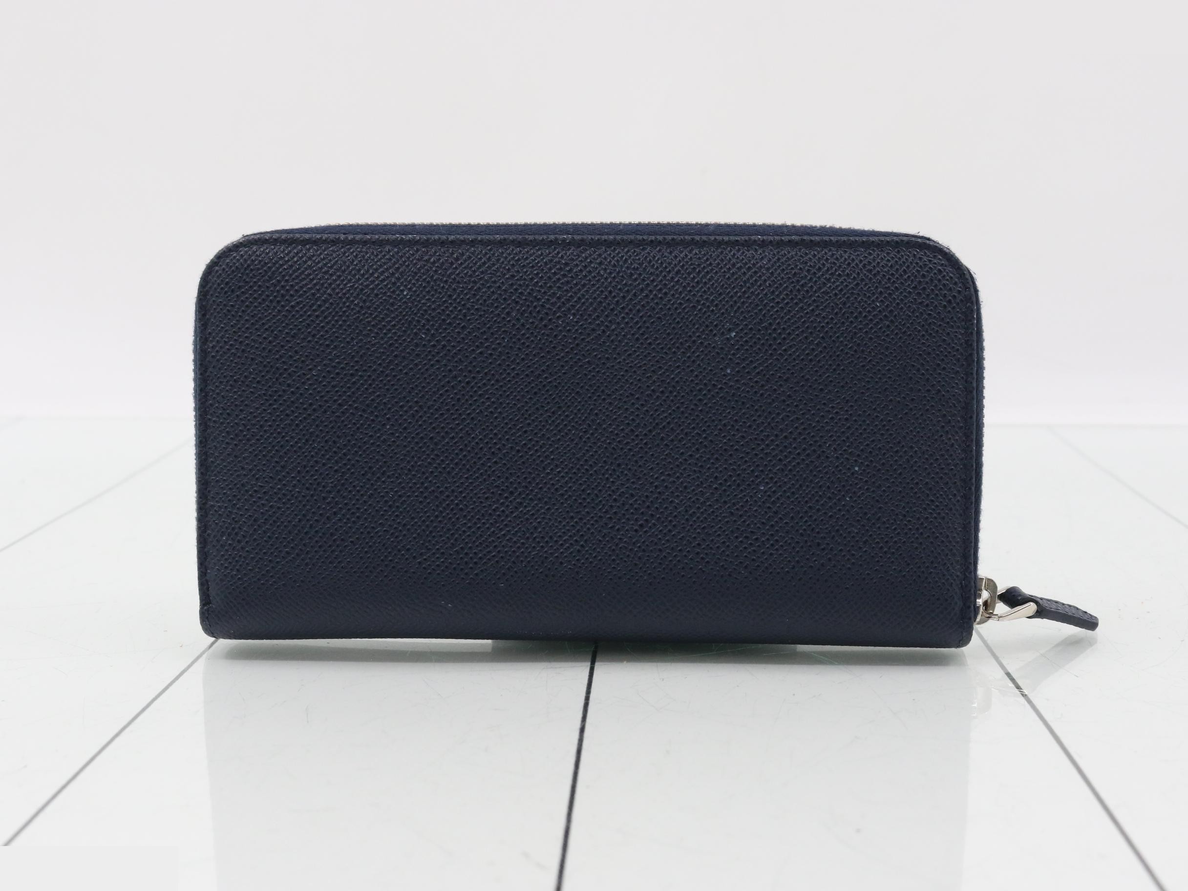 Leather round zipper long wallet, navy — view 2