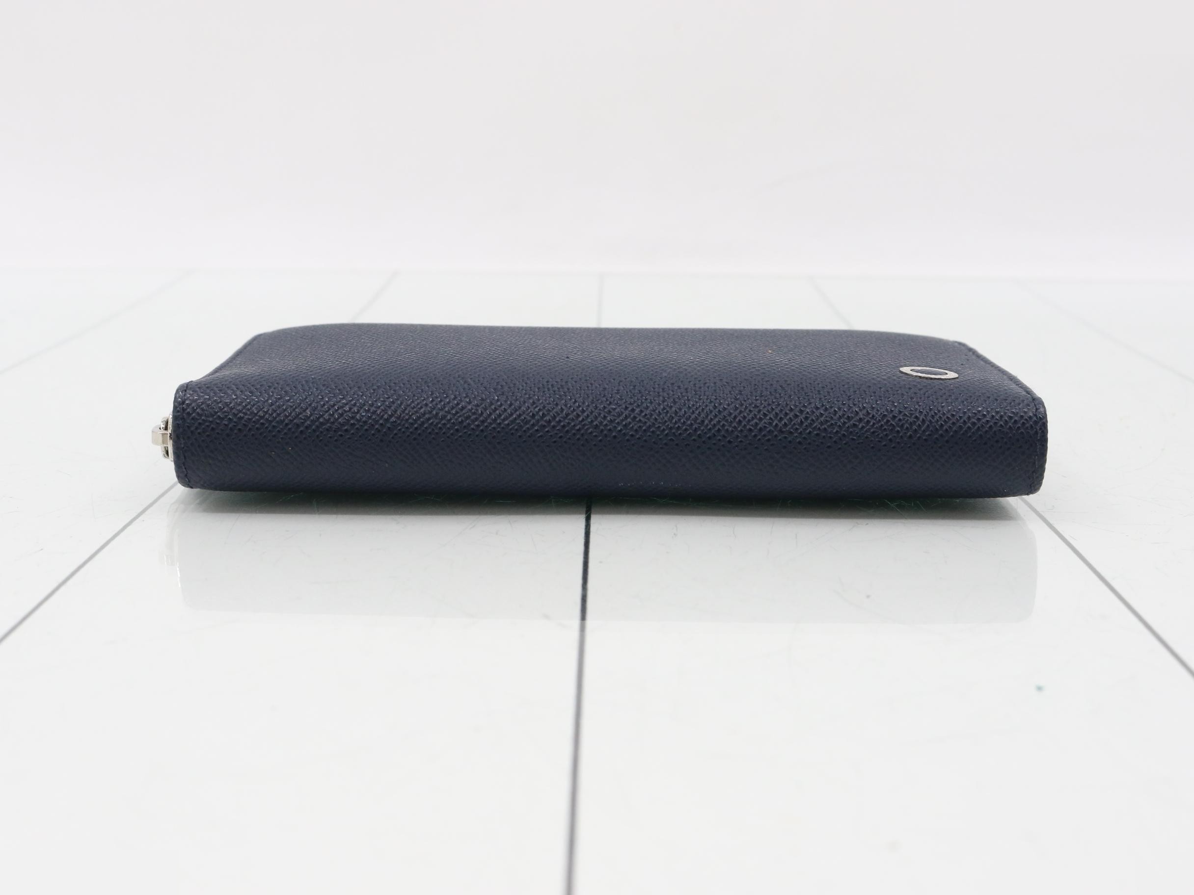 Leather round zipper long wallet, navy — view 3
