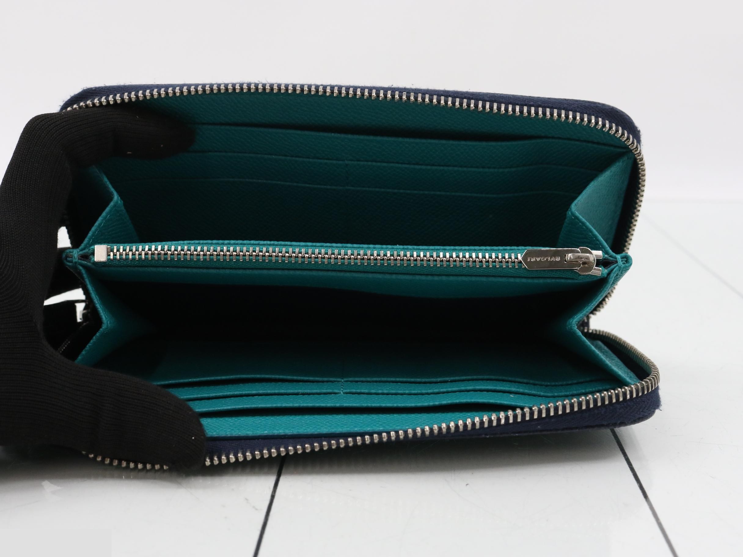 Leather round zipper long wallet, navy — view 4