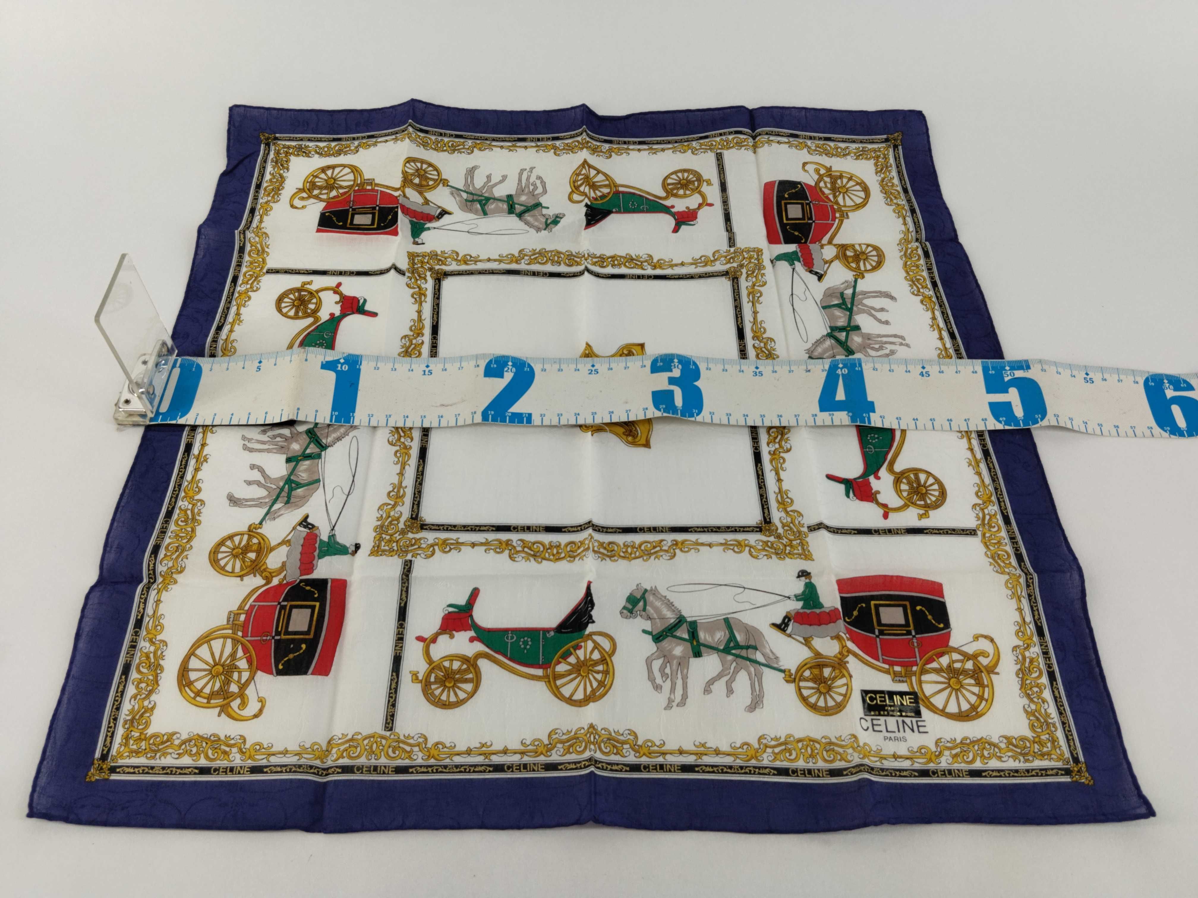 handkerchief scarf with sticker, logo, carriage pattern, baroque style, blue, and other accessories. — view 2