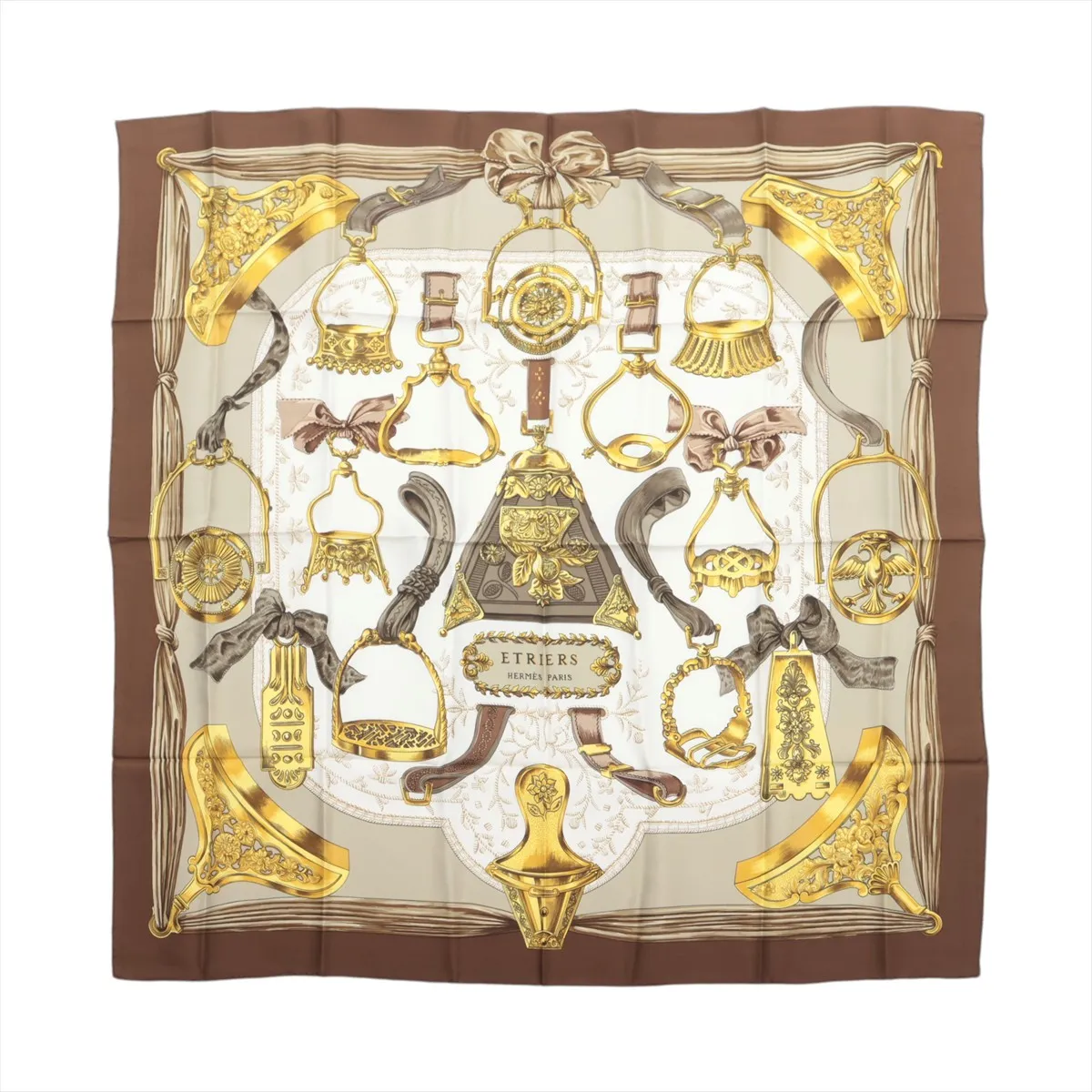 Carre 90 ETRIERS Stirrup Scarf, Silk, Brown. Shows signs of wear,