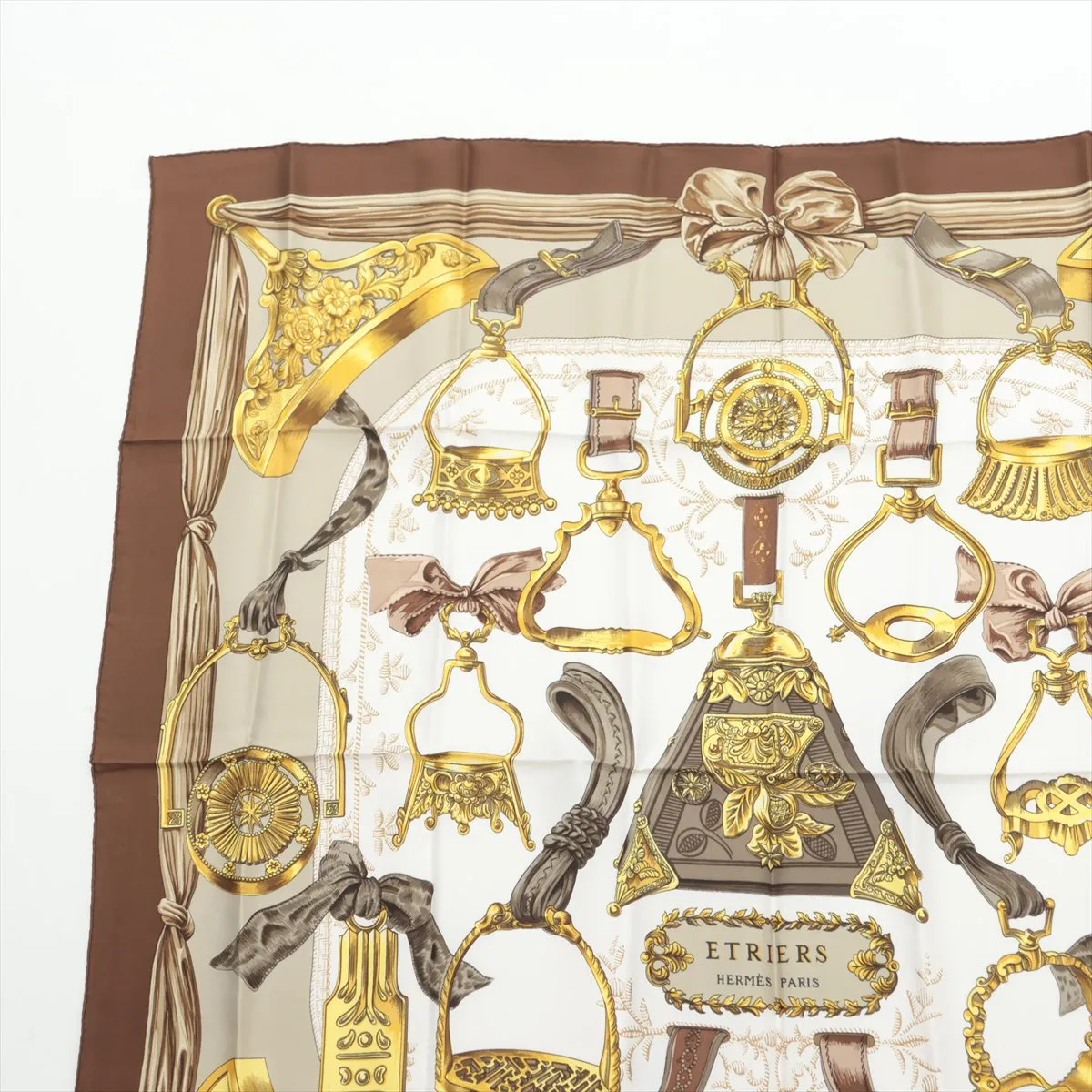 Carre 90 ETRIERS Stirrup Scarf, Silk, Brown. Shows signs of wear, — view 2
