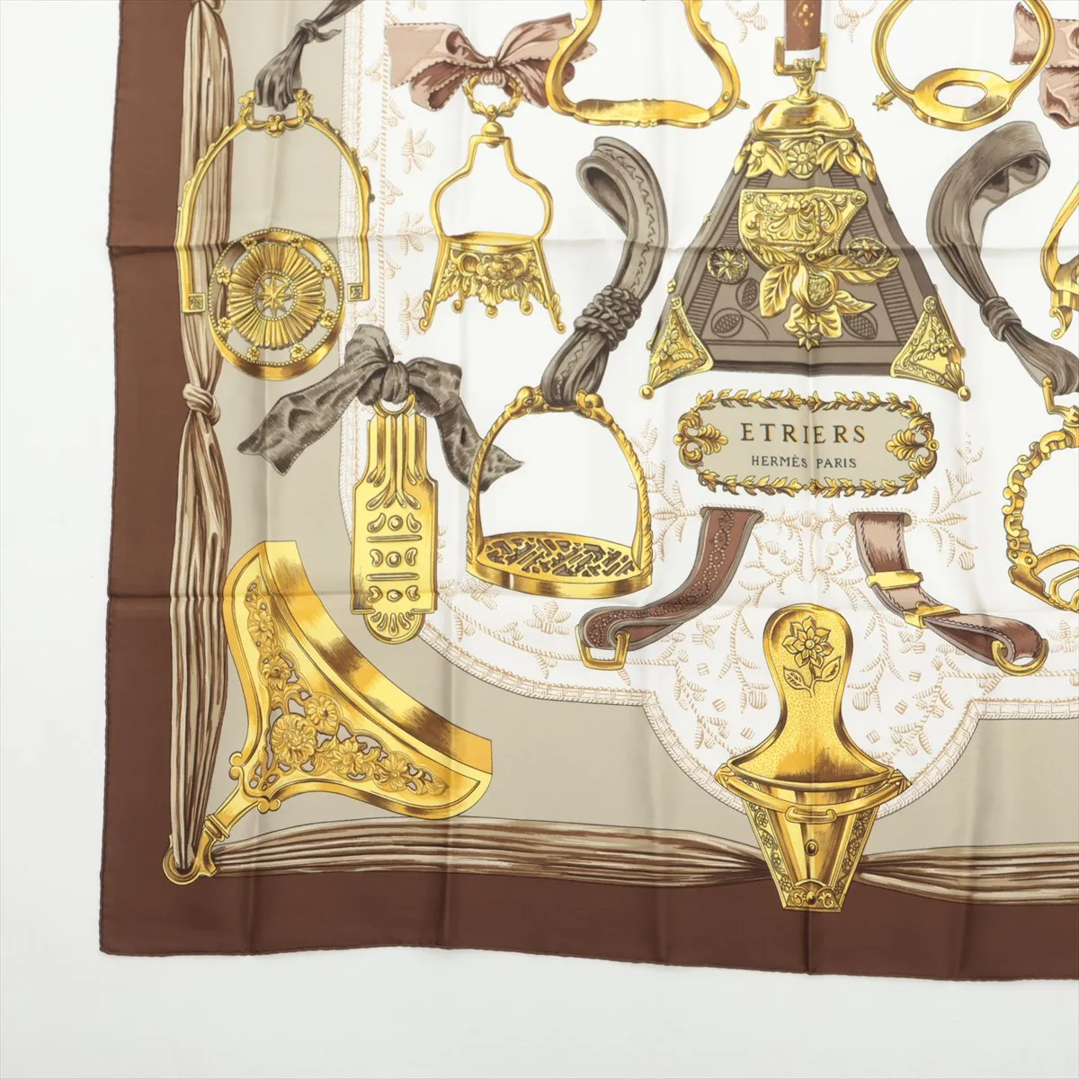 Carre 90 ETRIERS Stirrup Scarf, Silk, Brown. Shows signs of wear, — view 5