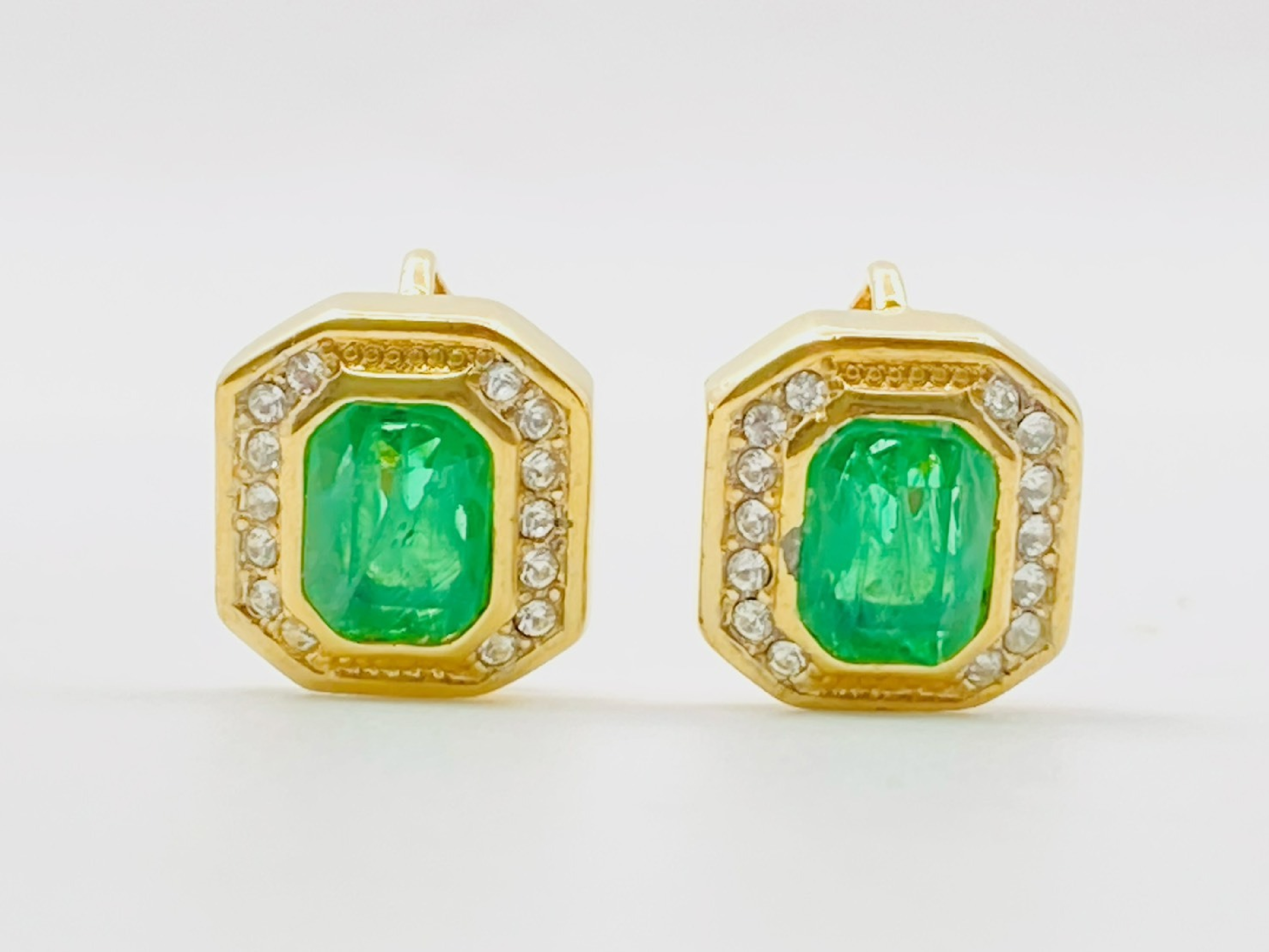 Rhinestone Rectangle Square Earrings (Green x Gold) — view 2