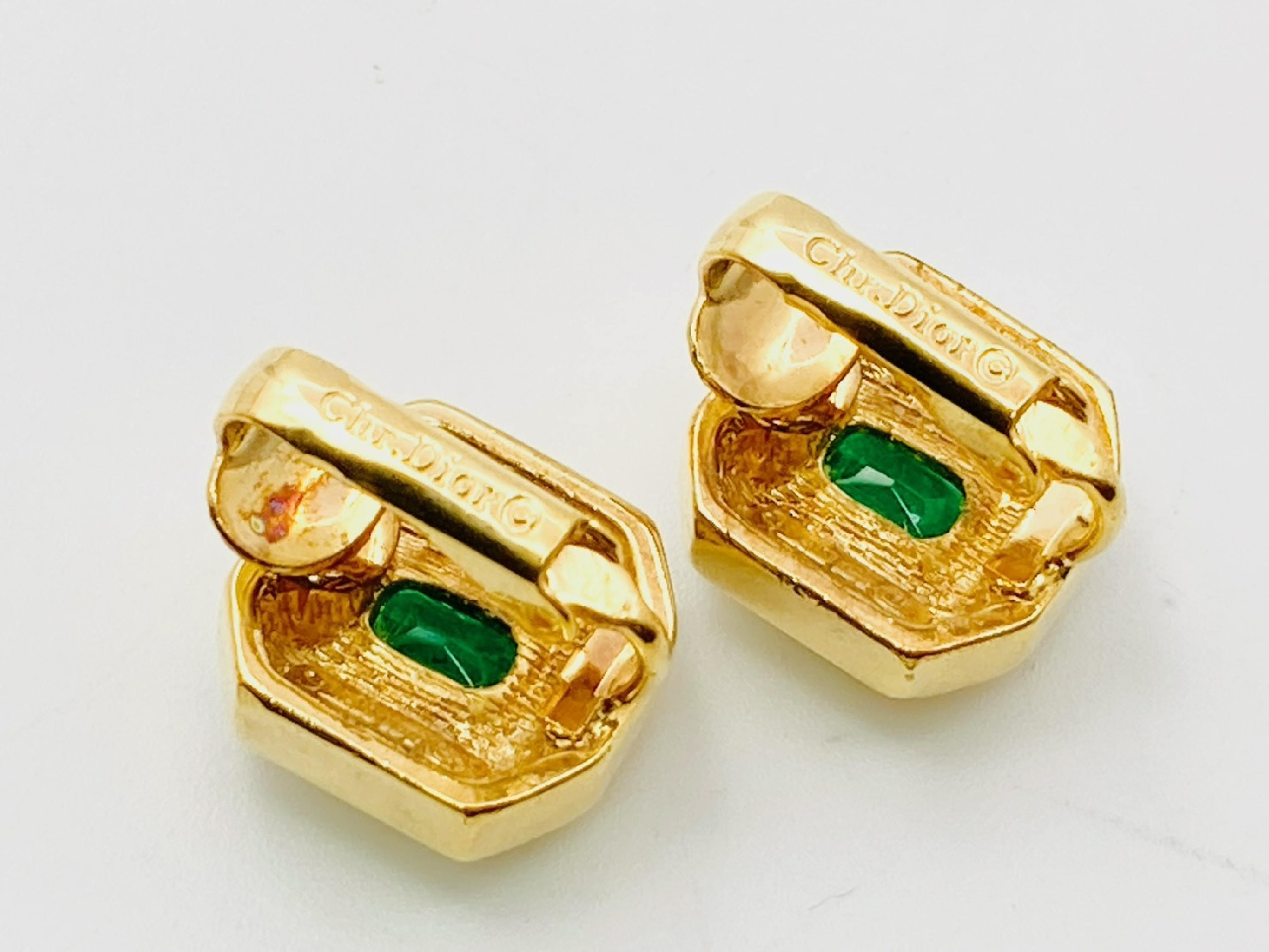Rhinestone Rectangle Square Earrings (Green x Gold) — view 3