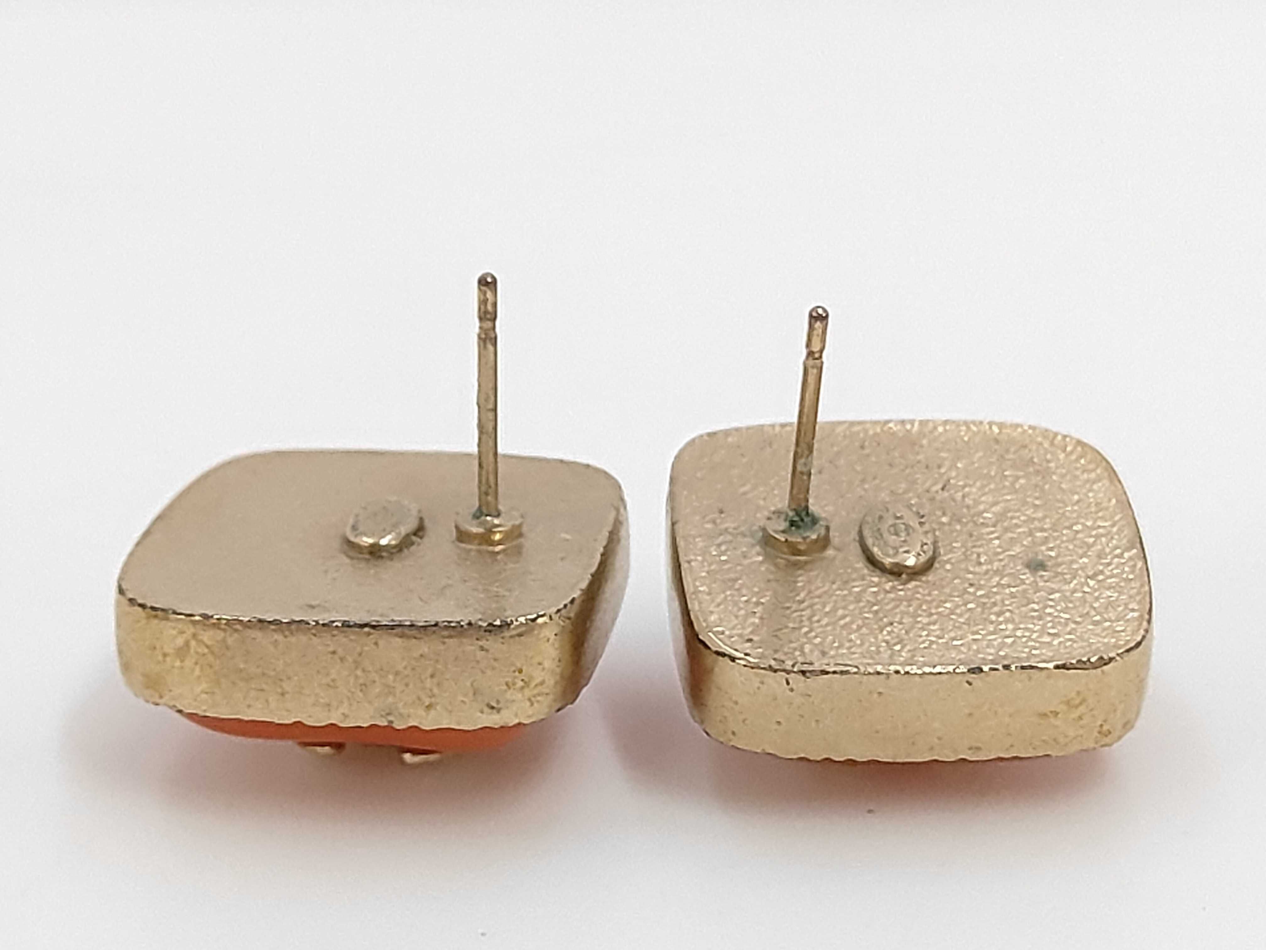 earrings, Coco Mark square button, orange and gold. — view 4