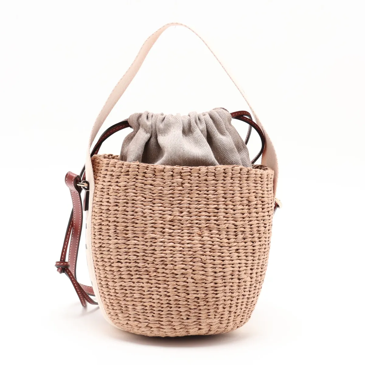 Woody Small Raffia x Leather 2-Way Handbag, Brown — view 2