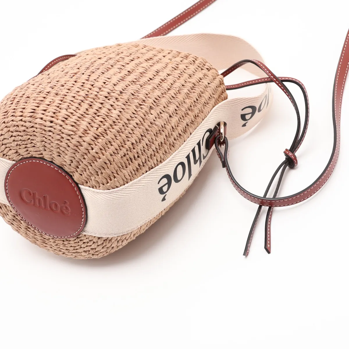 Woody Small Raffia x Leather 2-Way Handbag, Brown — view 3