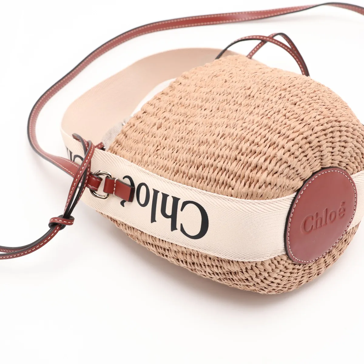 Woody Small Raffia x Leather 2-Way Handbag, Brown — view 4