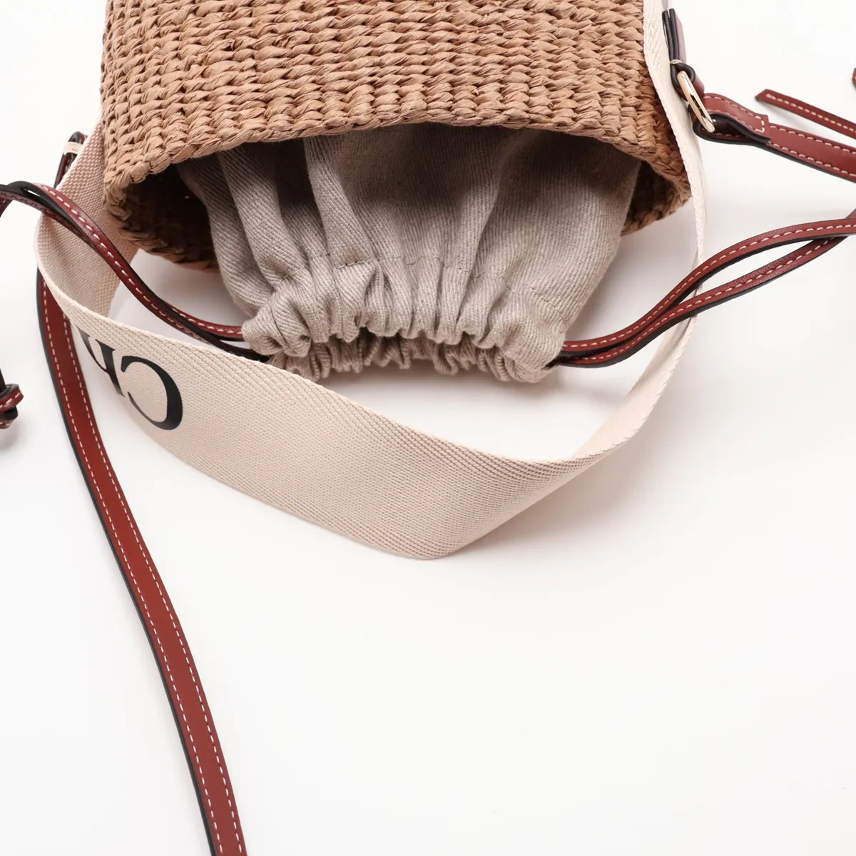 Woody Small Raffia x Leather 2-Way Handbag, Brown — view 5