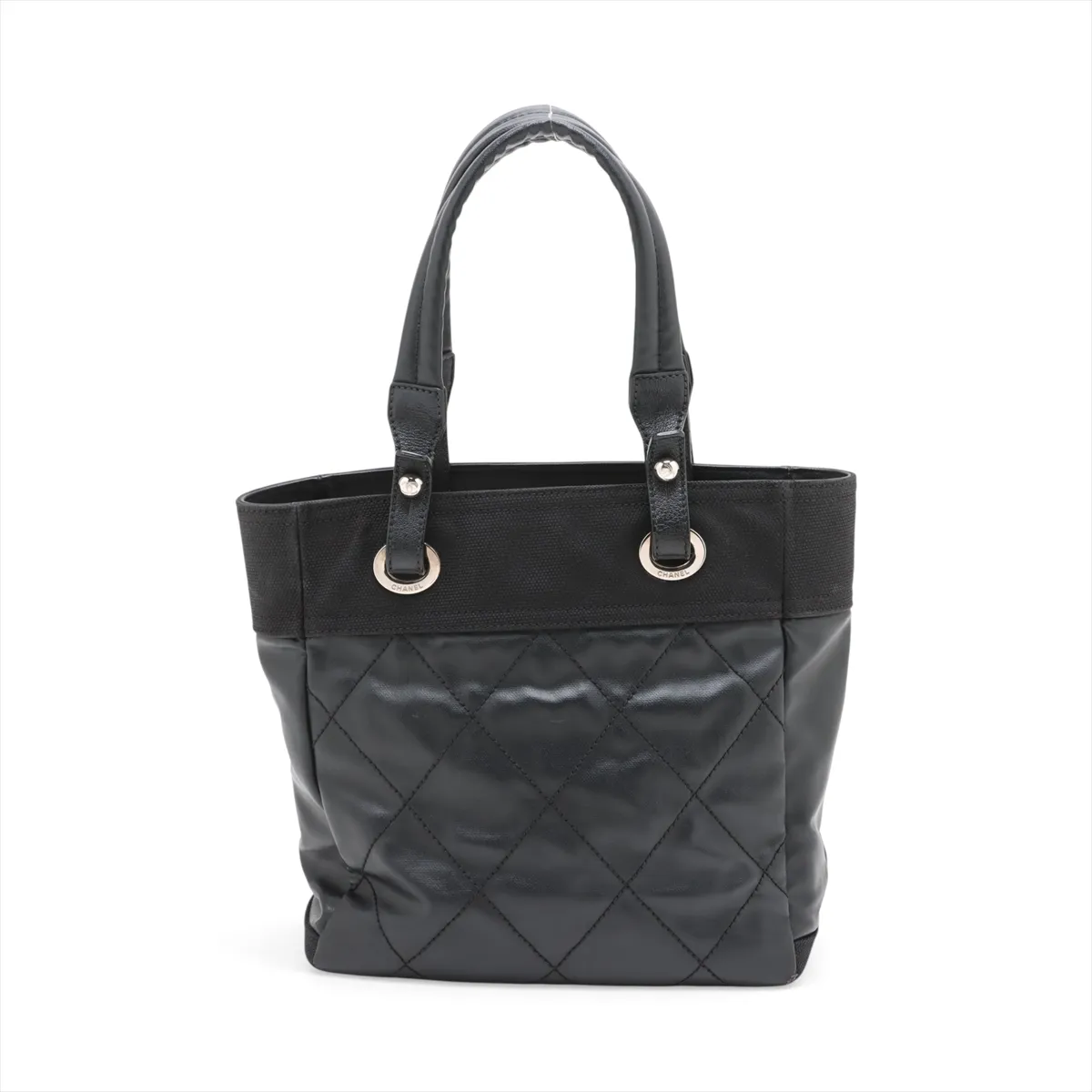 Paris Biarritz PM Coated Canvas Tote Bag, Black with Silver Hardware — view 2