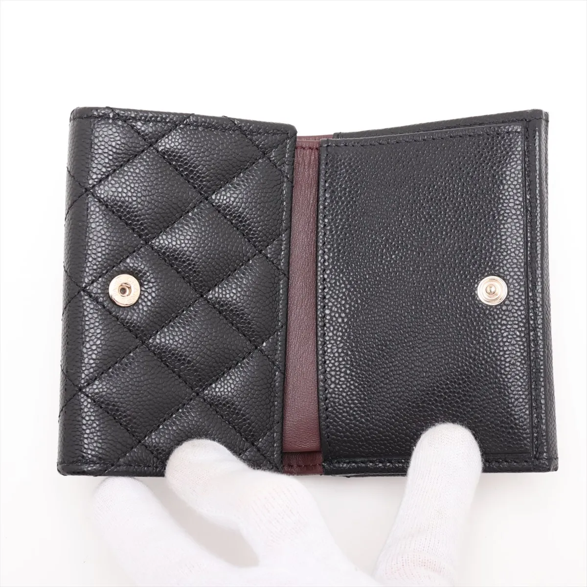 Mini Matelassé Caviar Skin Compact Wallet, Black with Gold Hardware (LNKXHKP8) — view 3