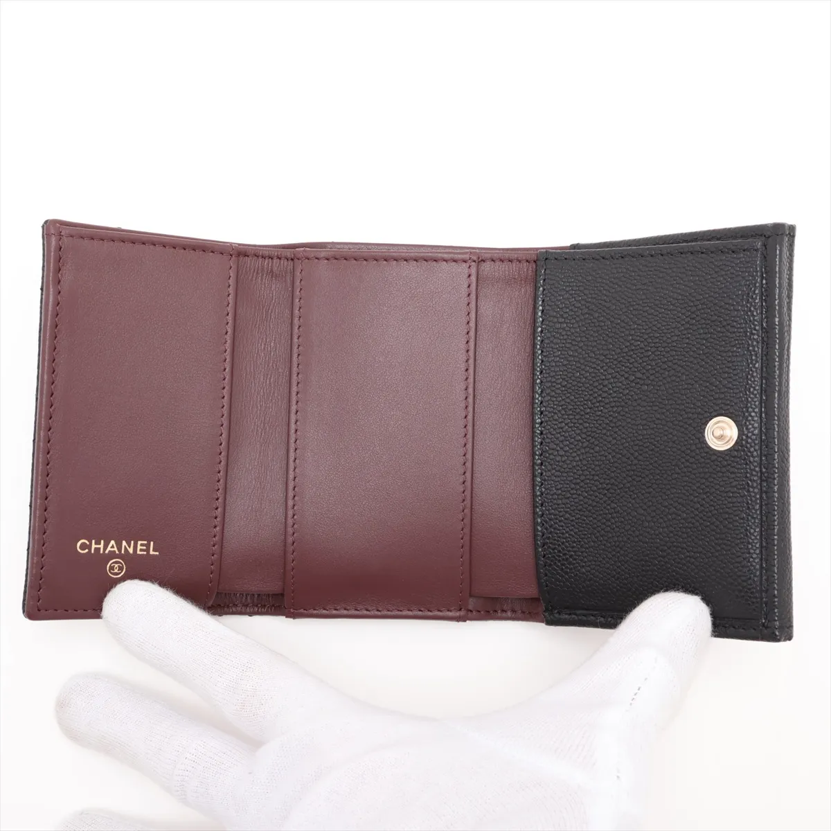 Mini Matelassé Caviar Skin Compact Wallet, Black with Gold Hardware (LNKXHKP8) — view 4