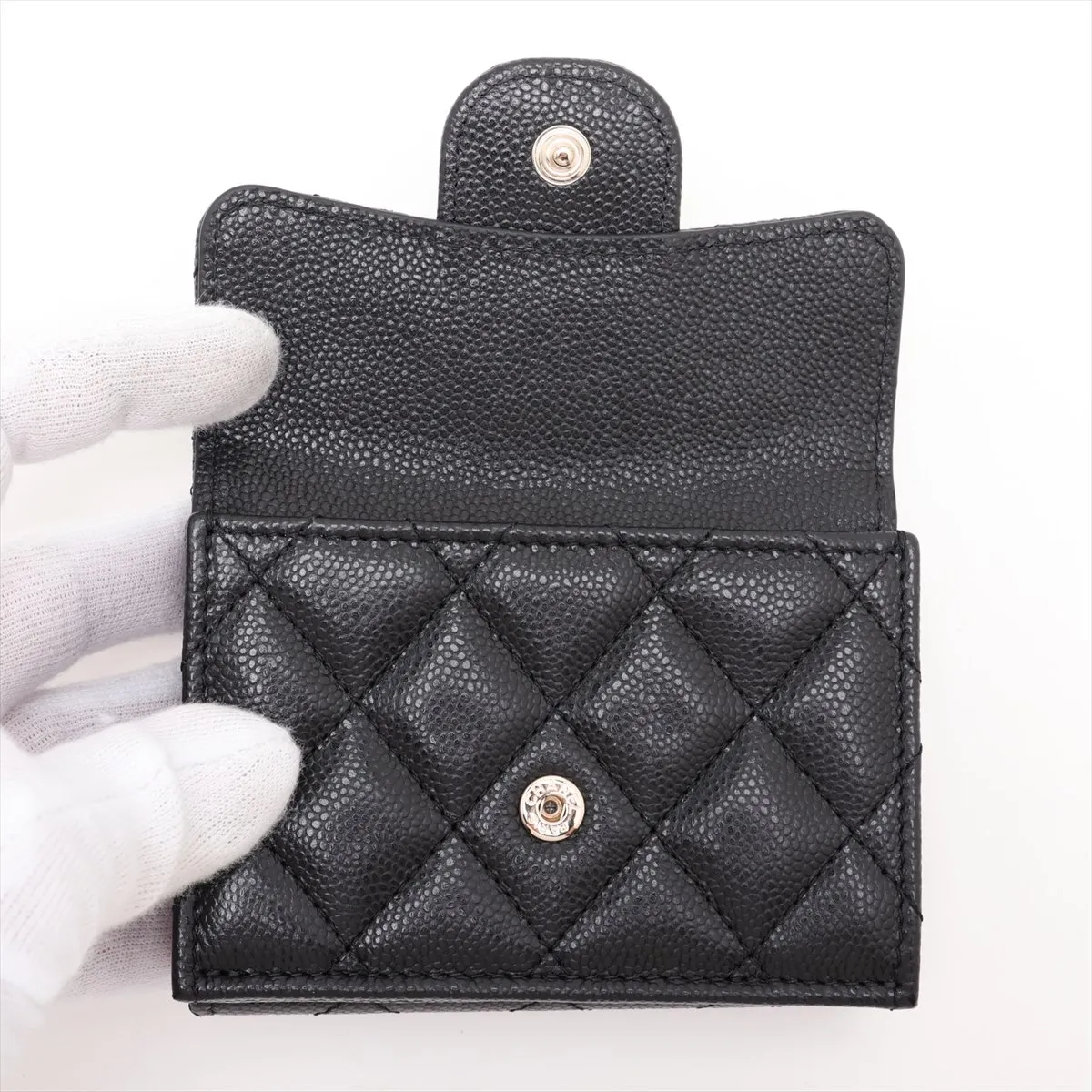 Mini Matelassé Caviar Skin Compact Wallet, Black with Gold Hardware (LNKXHKP8) — view 5