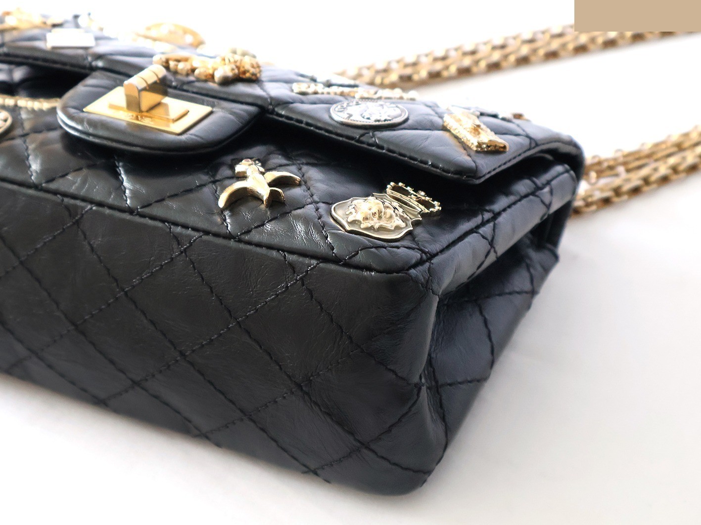 Mini Matelassé Double Flap Double Chain Shoulder Bag, Vintage Calfskin, Black — view 3