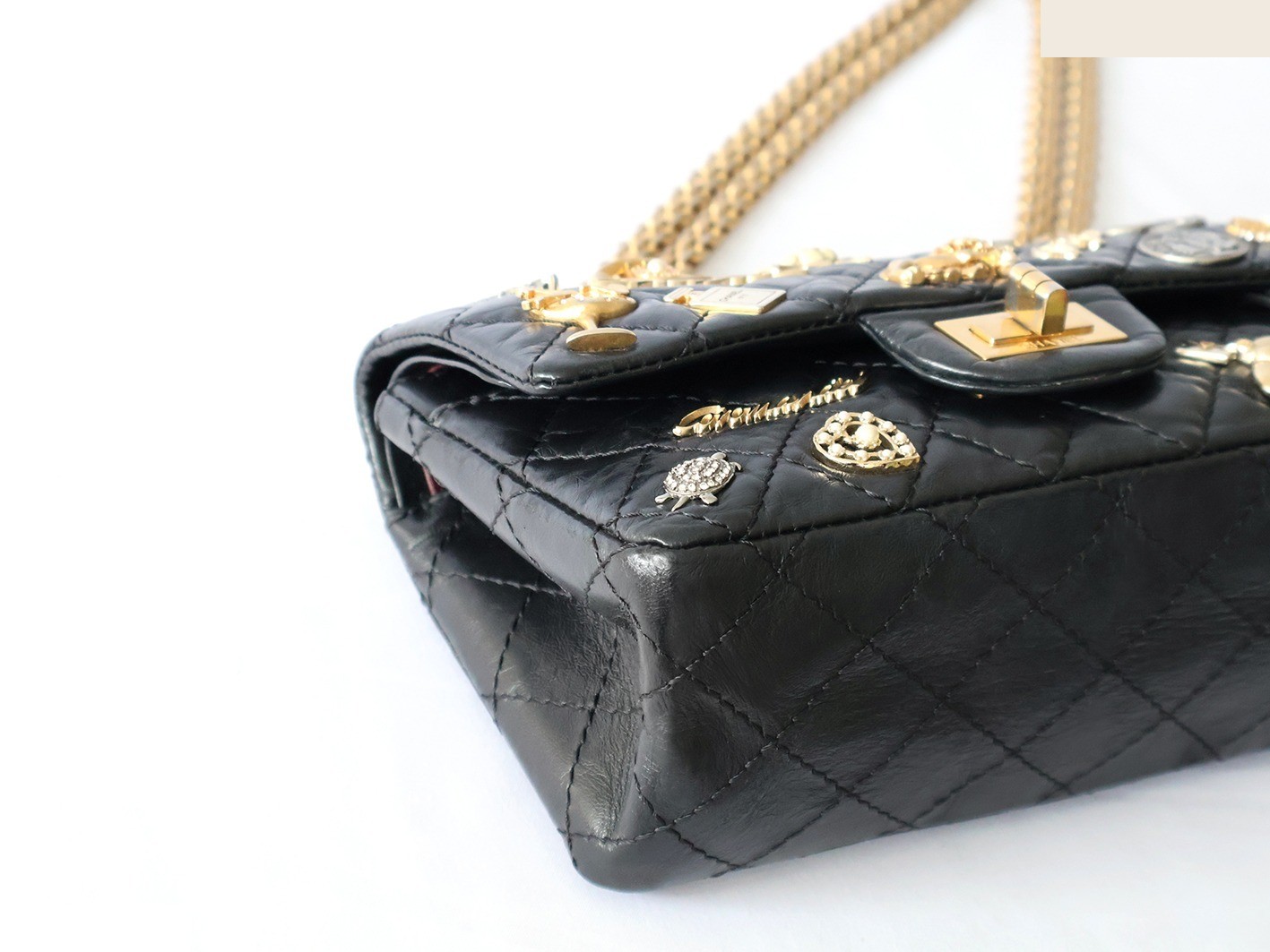 Mini Matelassé Double Flap Double Chain Shoulder Bag, Vintage Calfskin, Black — view 4