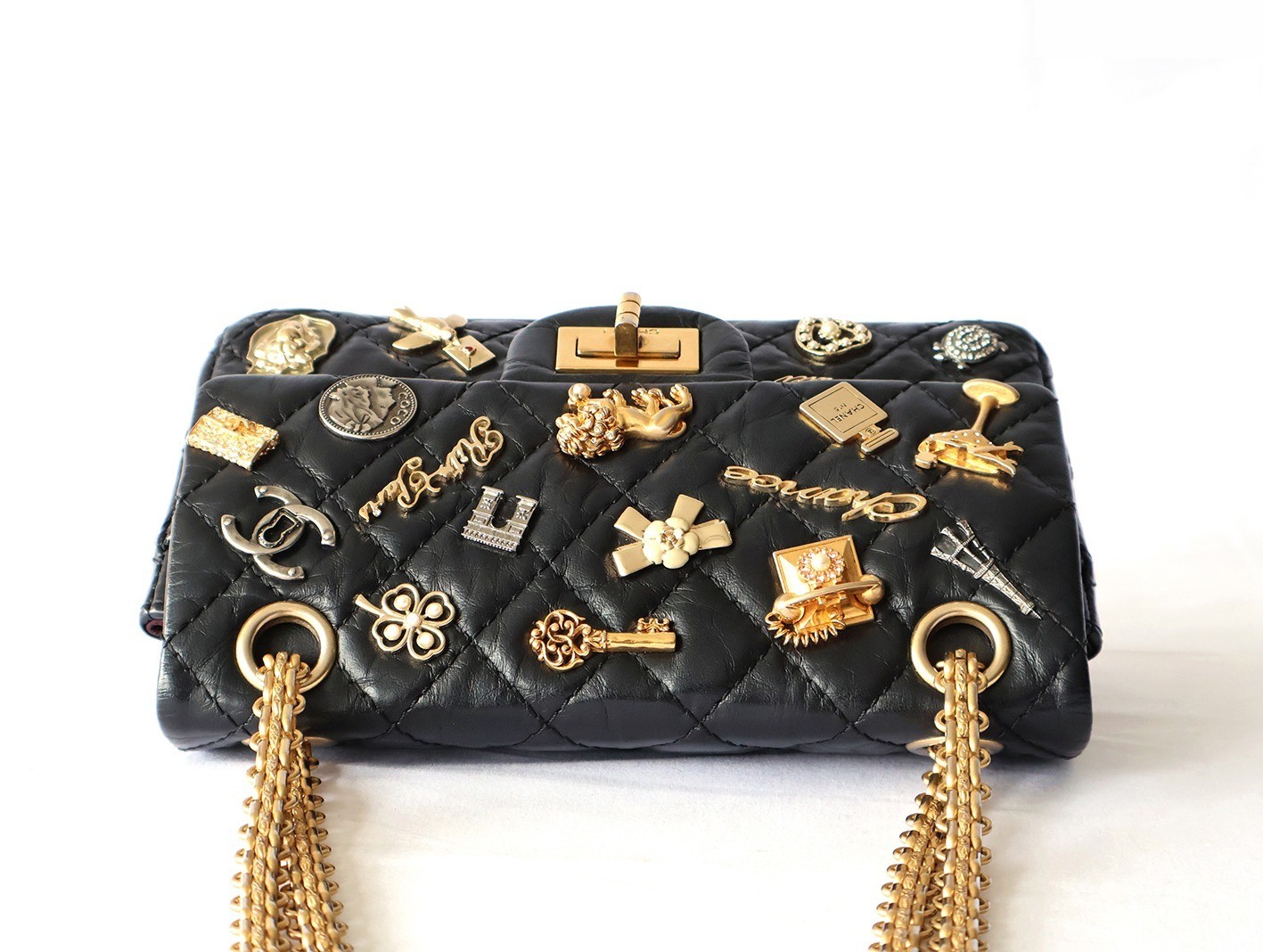 Mini Matelassé Double Flap Double Chain Shoulder Bag, Vintage Calfskin, Black — view 5