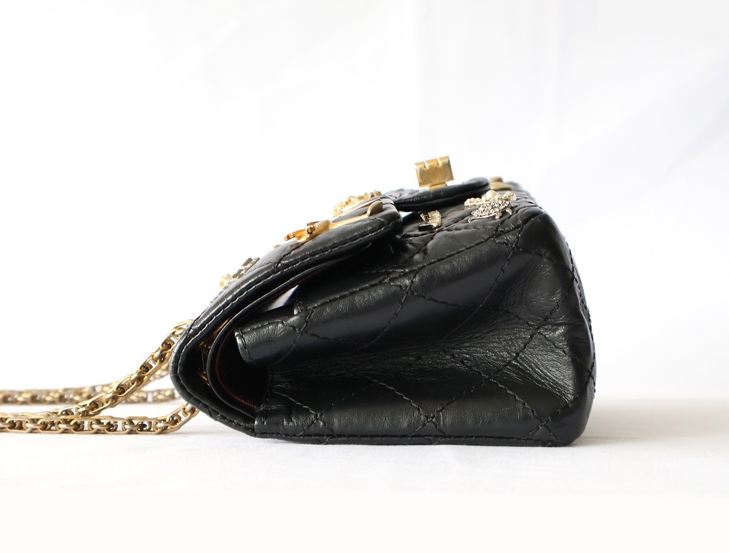 Mini Matelassé Double Flap Double Chain Shoulder Bag, Vintage Calfskin, Black — view 6