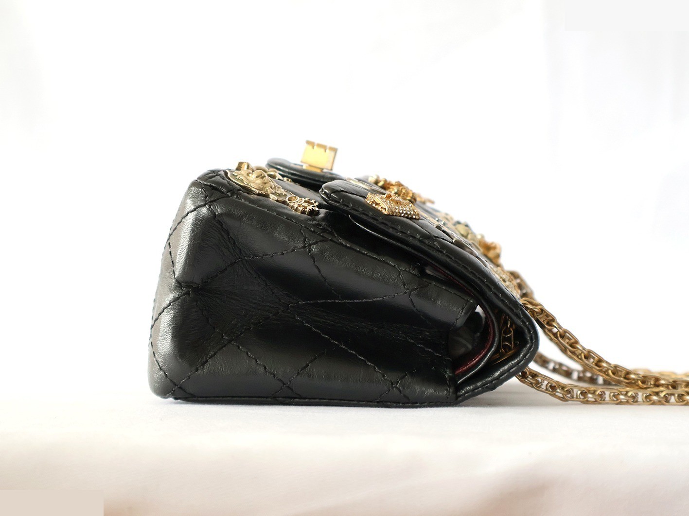 Mini Matelassé Double Flap Double Chain Shoulder Bag, Vintage Calfskin, Black — view 7