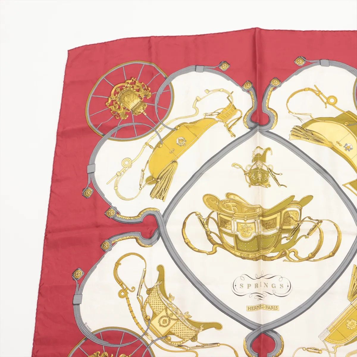 Carre 90 Springs scarf, silk, burgundy. Shows signs of wear, — view 2